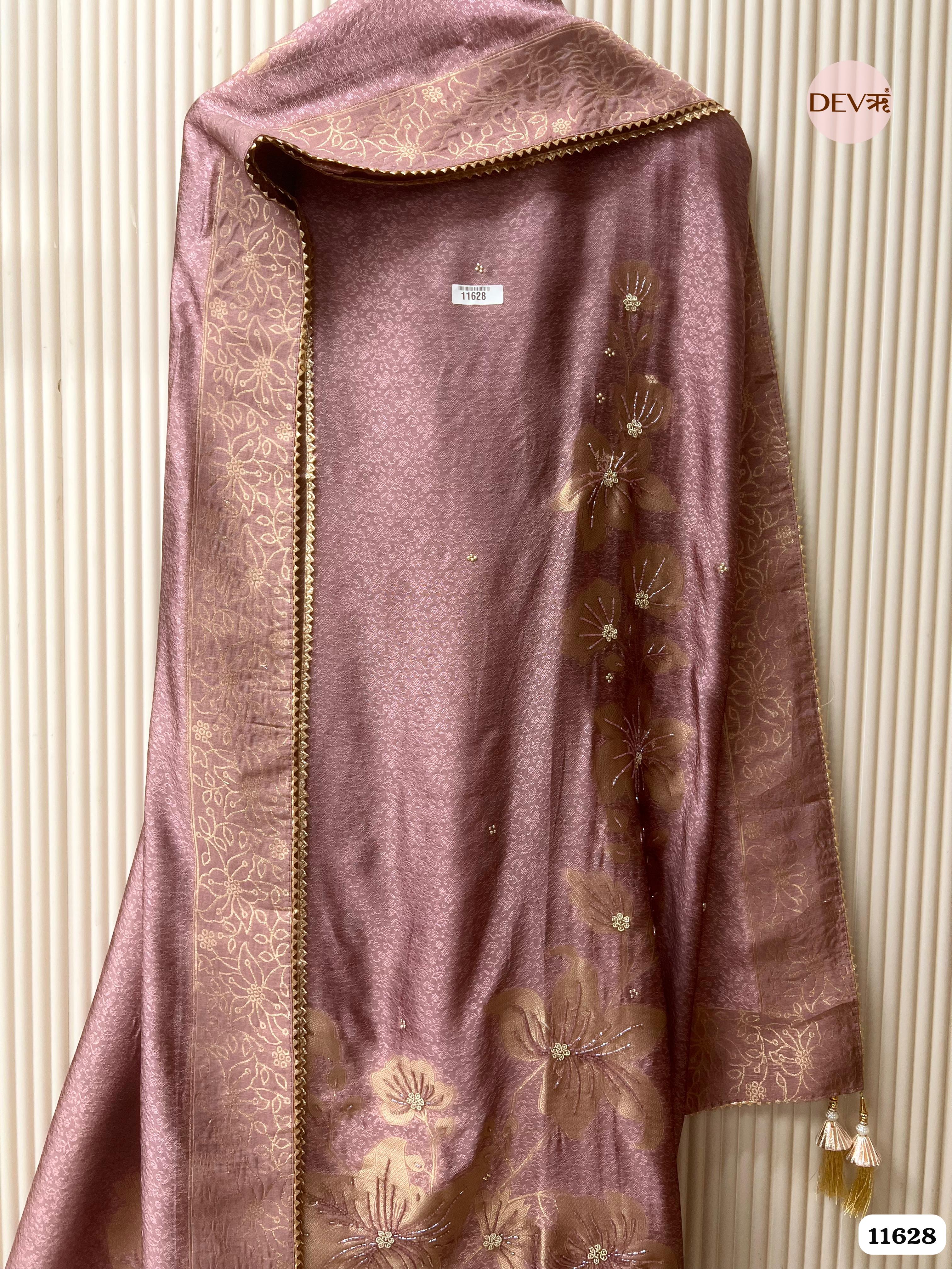 Purple Pure Dola Silk Banarasi Woven Unstitched Hand Embroidered -Set Of 3 {11628}