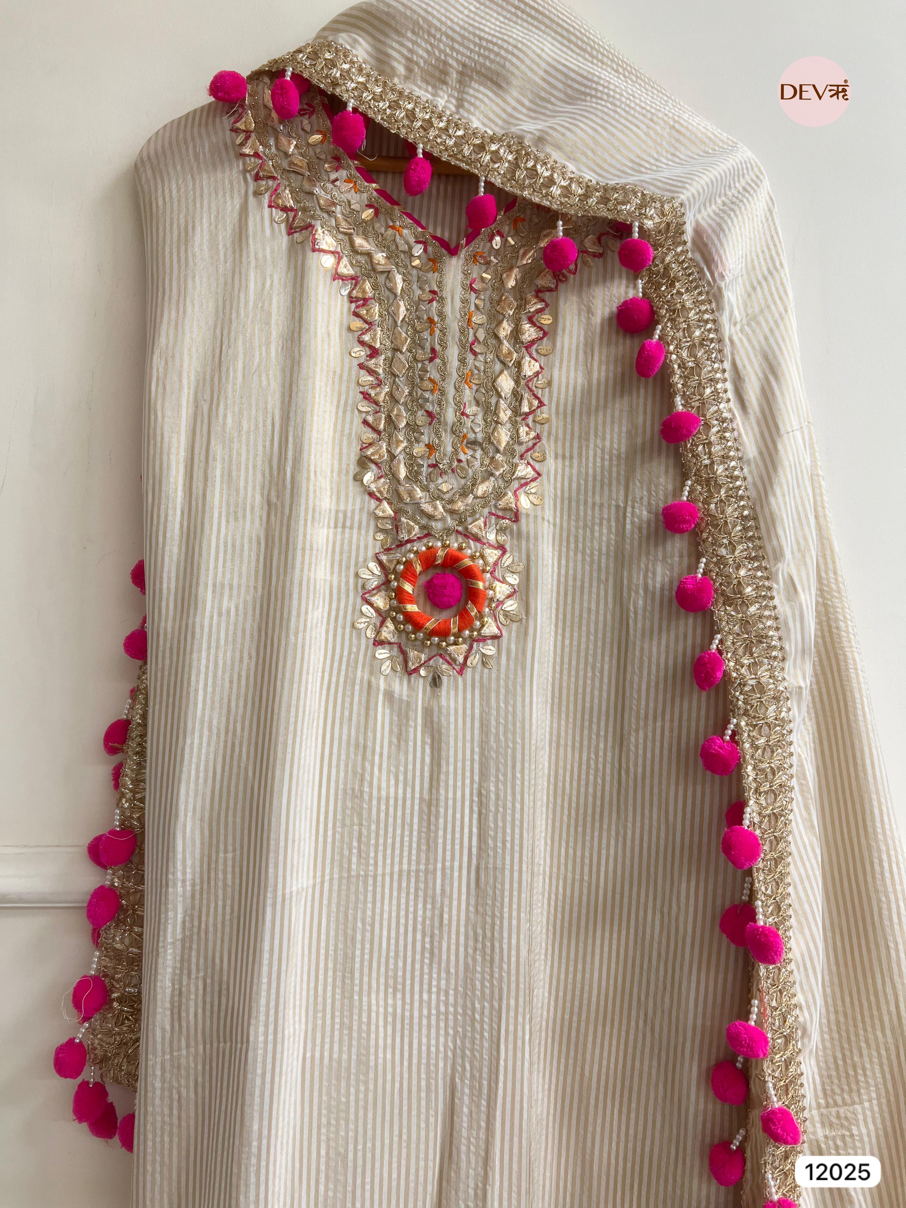 Cream colour Tissue Shimmer Silk Unstitched Gota Patti Hand Embroidered -Set Of 3 - {12025}