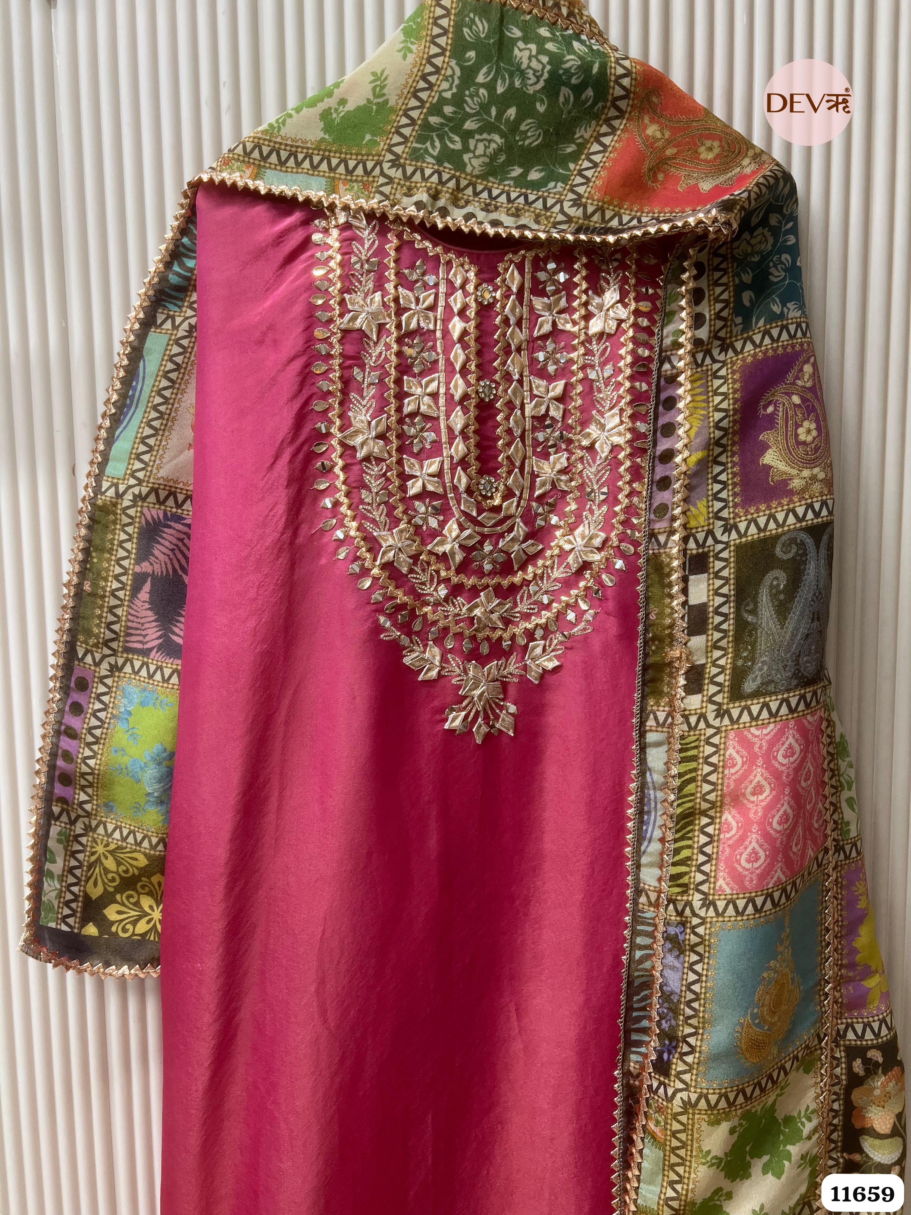 Deep Pink Tissue Silk Unstitched Hand Embroidered -Set Of 3 {11659}