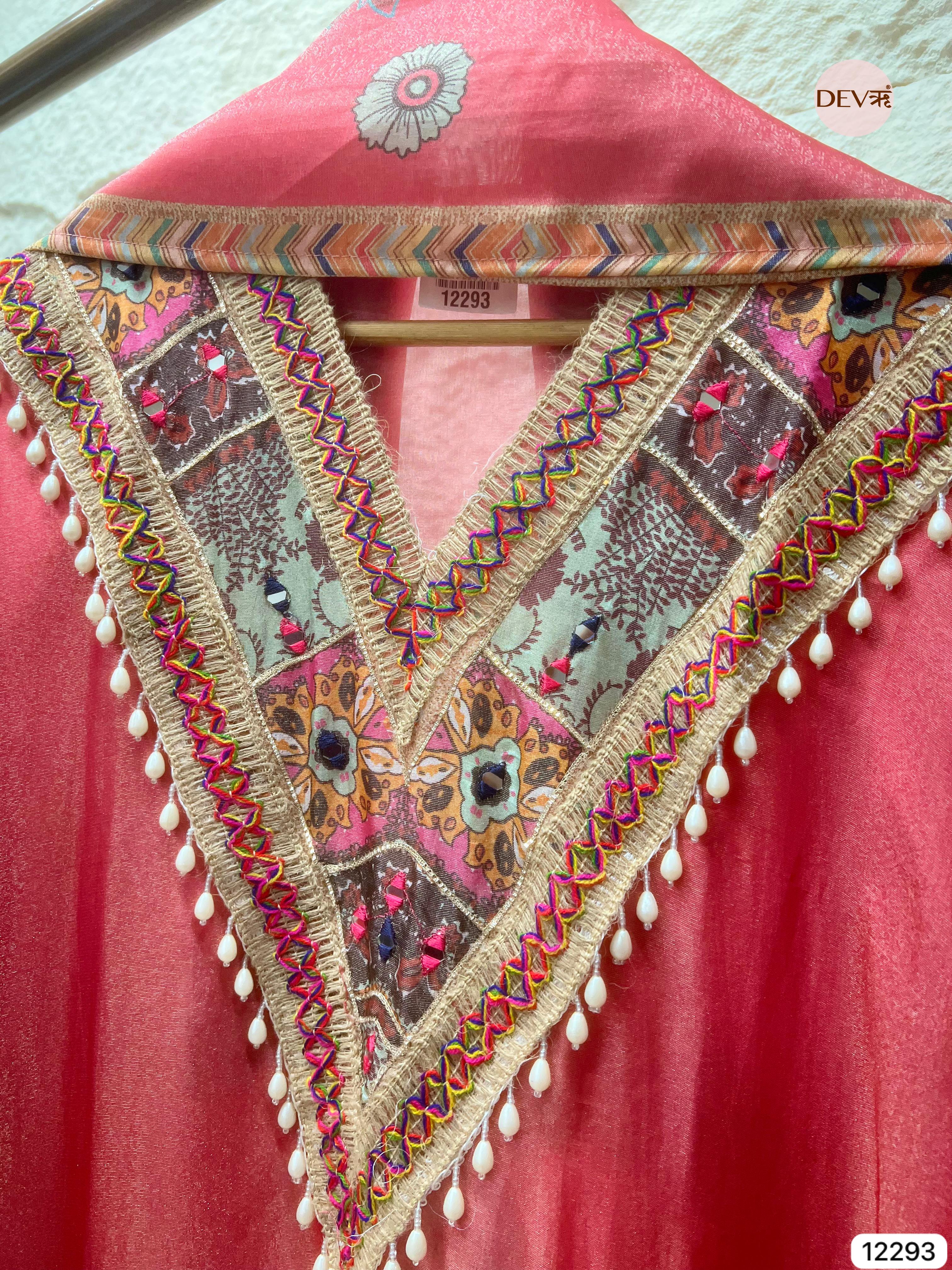 Coral Pink Shimmer Silk Printed Unstitched 3-Piece Suit (Devri – D.No 12293)