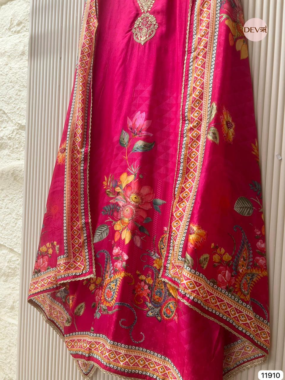 Magenta Russian Silk Printed Unstitched 3-Piece Suit (Devri – D.No 11910)