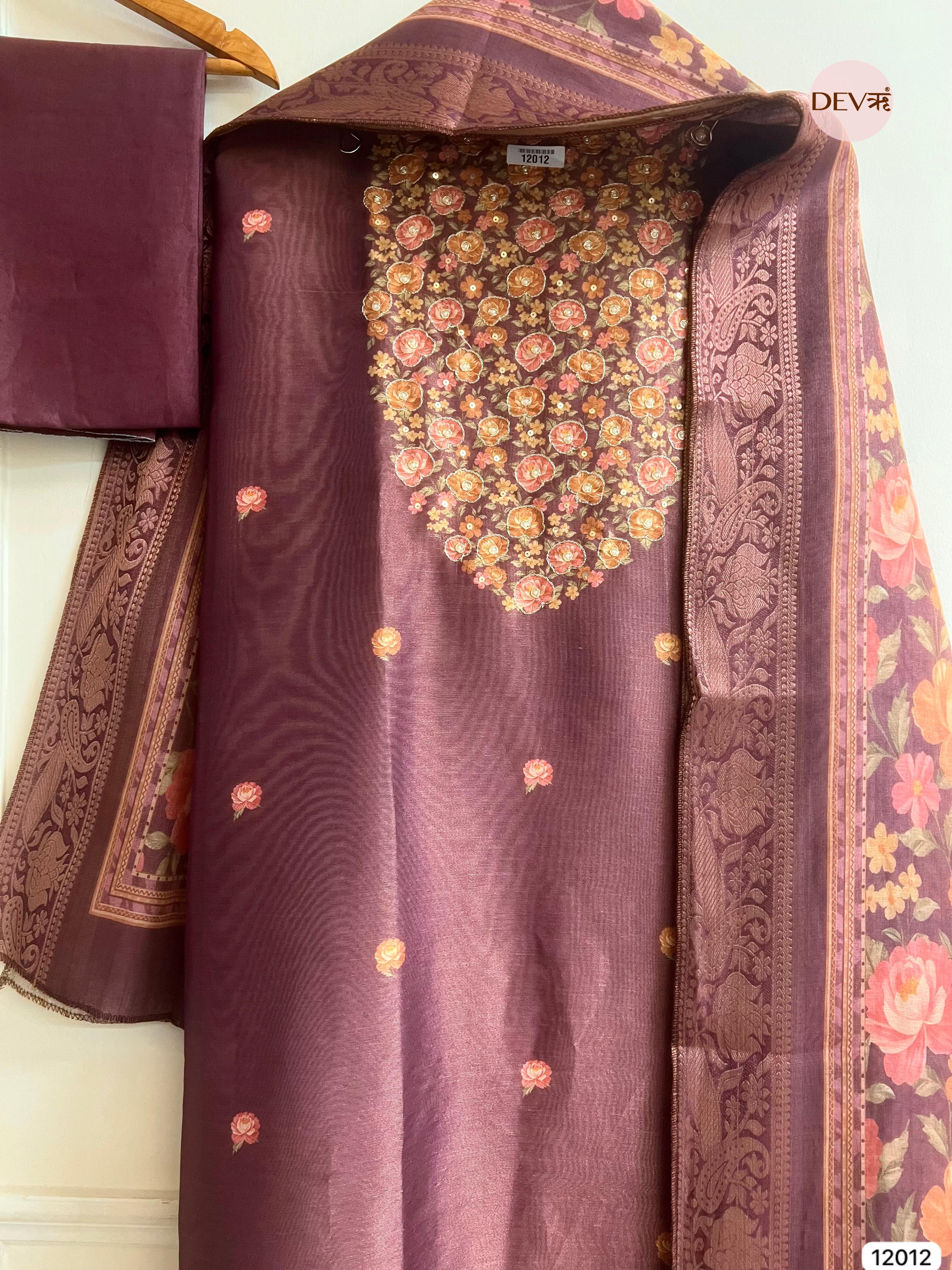 Maroon Tissue Silk Unstitched Printed Hand Embroidered -Set Of 3