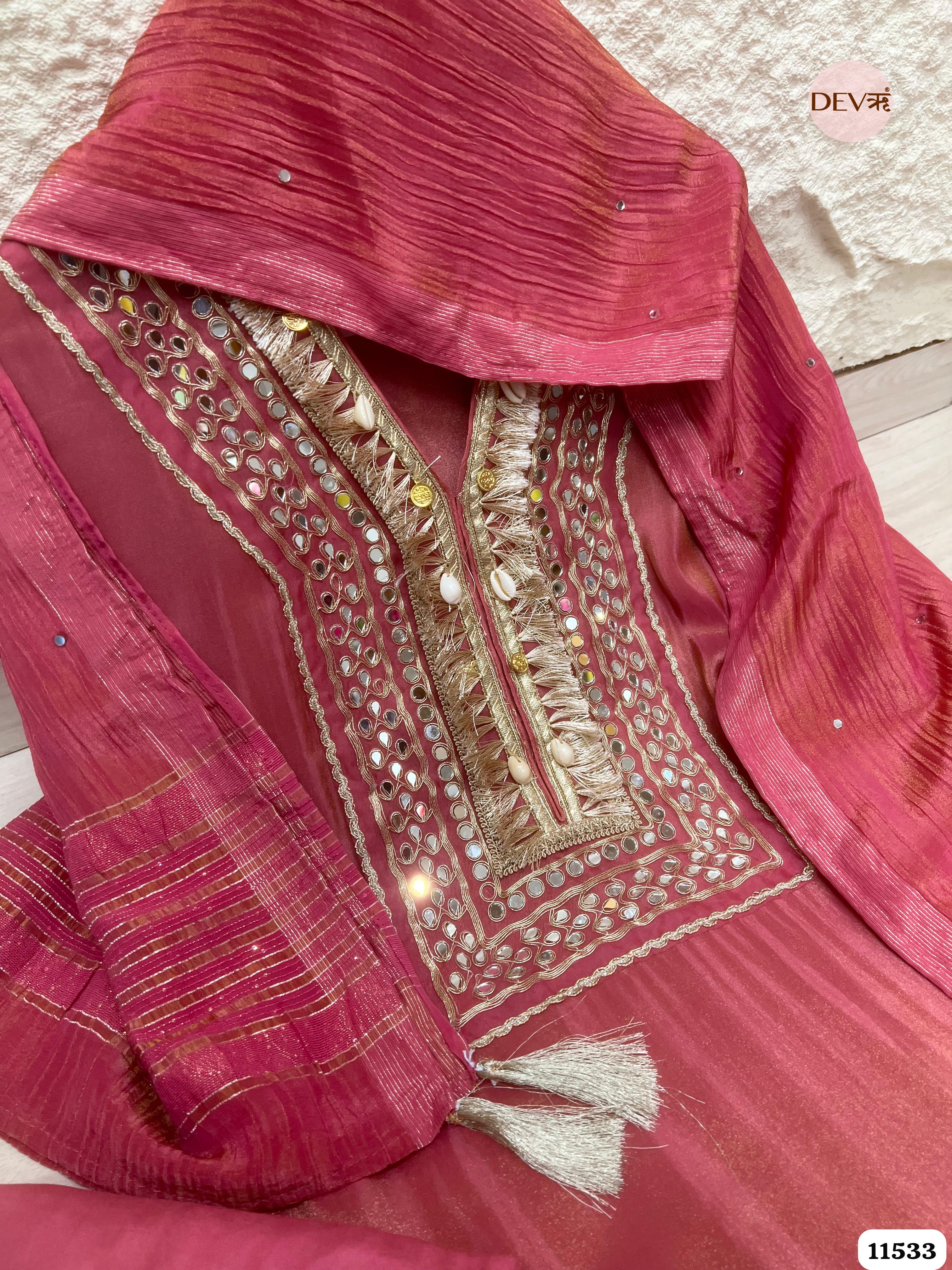 Pink Pure Tissue Silk Unstitched Hand Embroidered -Set Of 3 {11533}