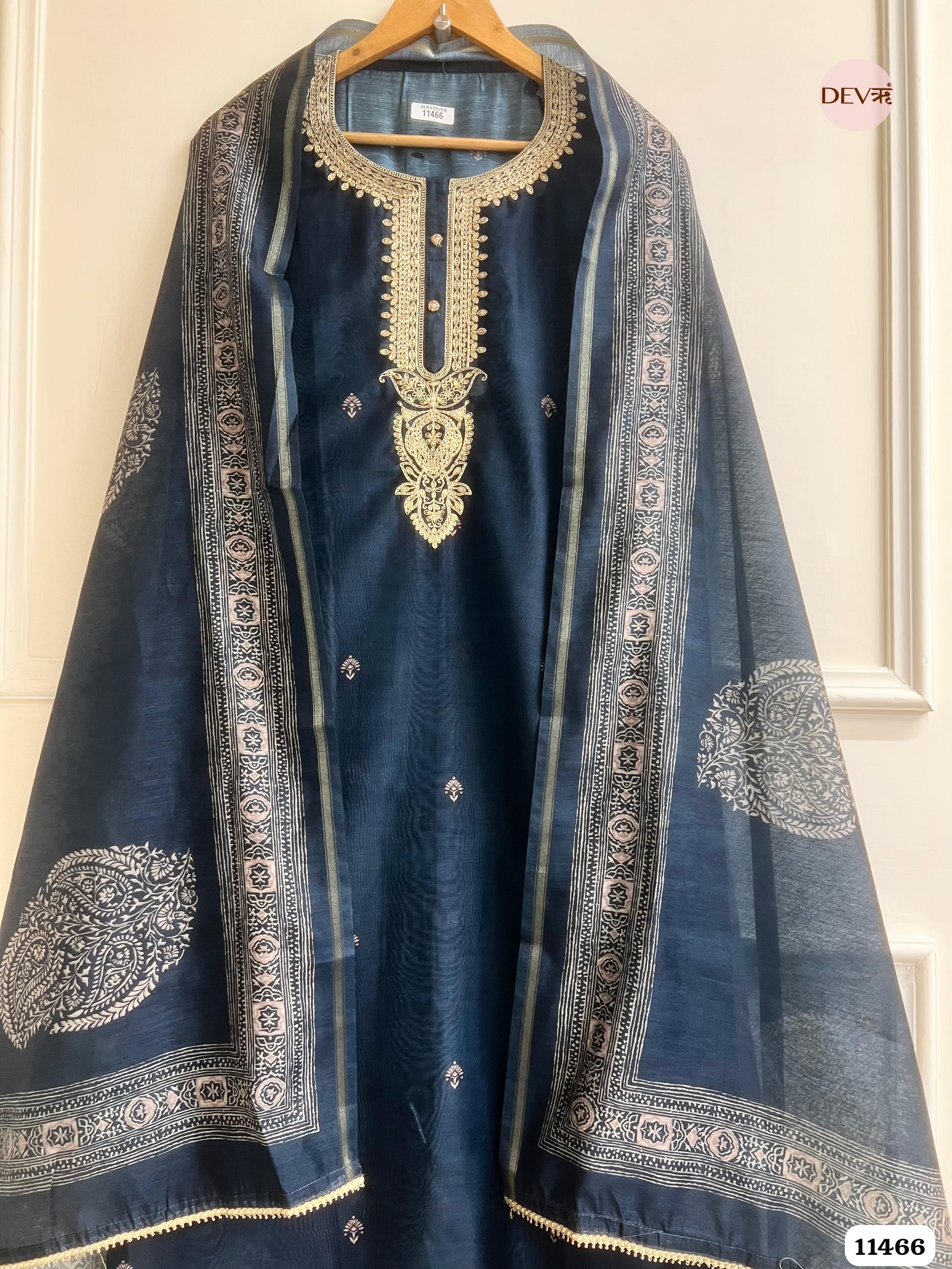 Navy Blue Pure Chanderi Silk Unstitched Printed Embroidered -Set Of 3