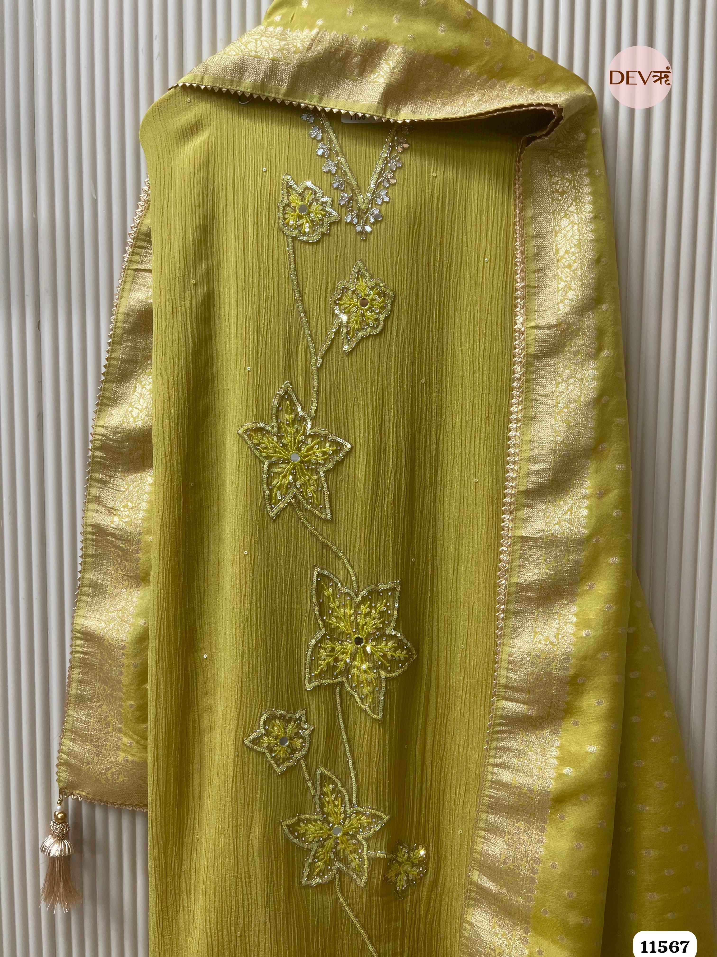 Lime Green Pure Chinon Unstitched Hand Embroidered -Set Of 3 {11567}