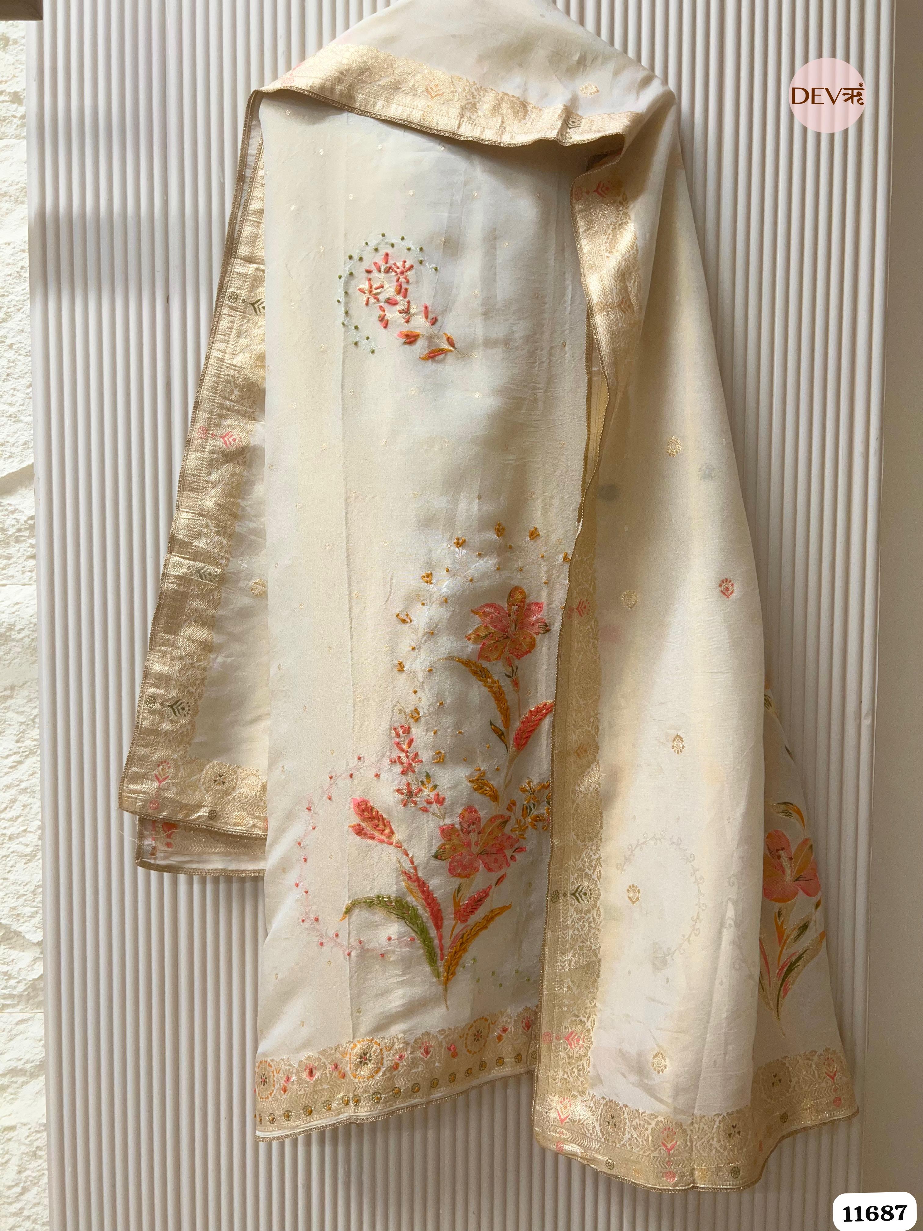 Off white Burberry Silk Unstitched Woven Embroidered -Set Of 3 {11687}