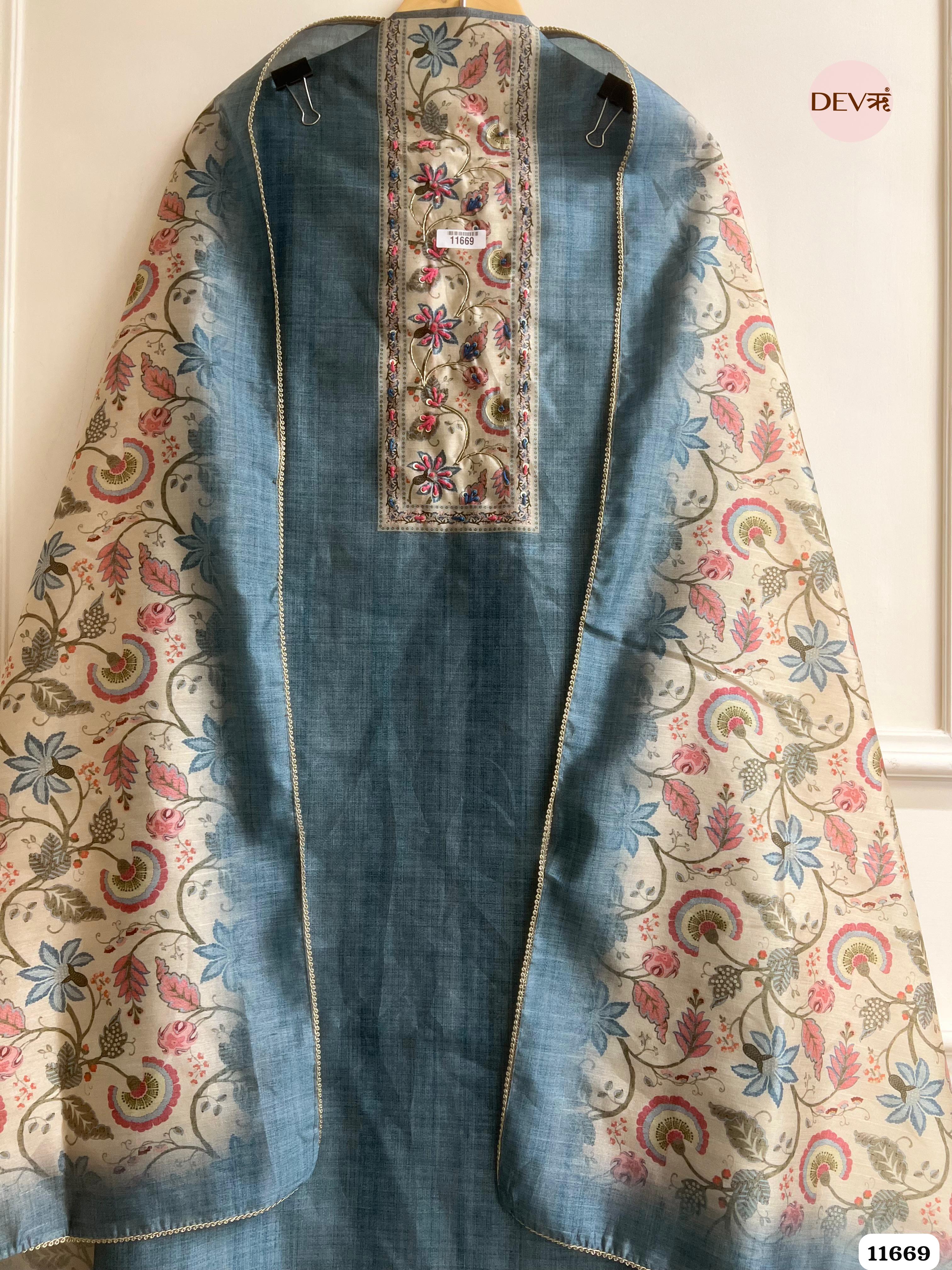 Blue Linen Silk Unstitched Printed Embroidered -Set Of 3
