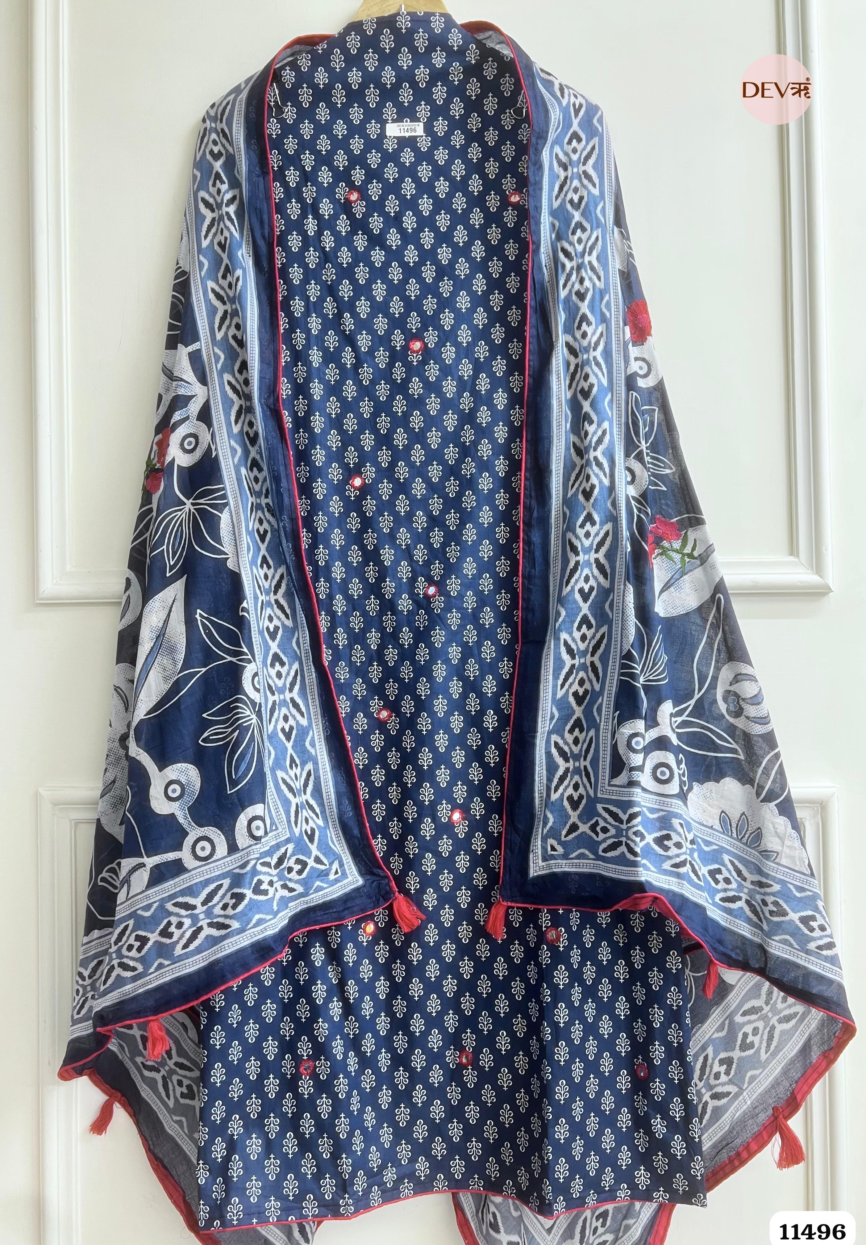 Navy Blue Mul Cotton Unstitched Printed Hand Embroidered -Set Of 3 {11496}