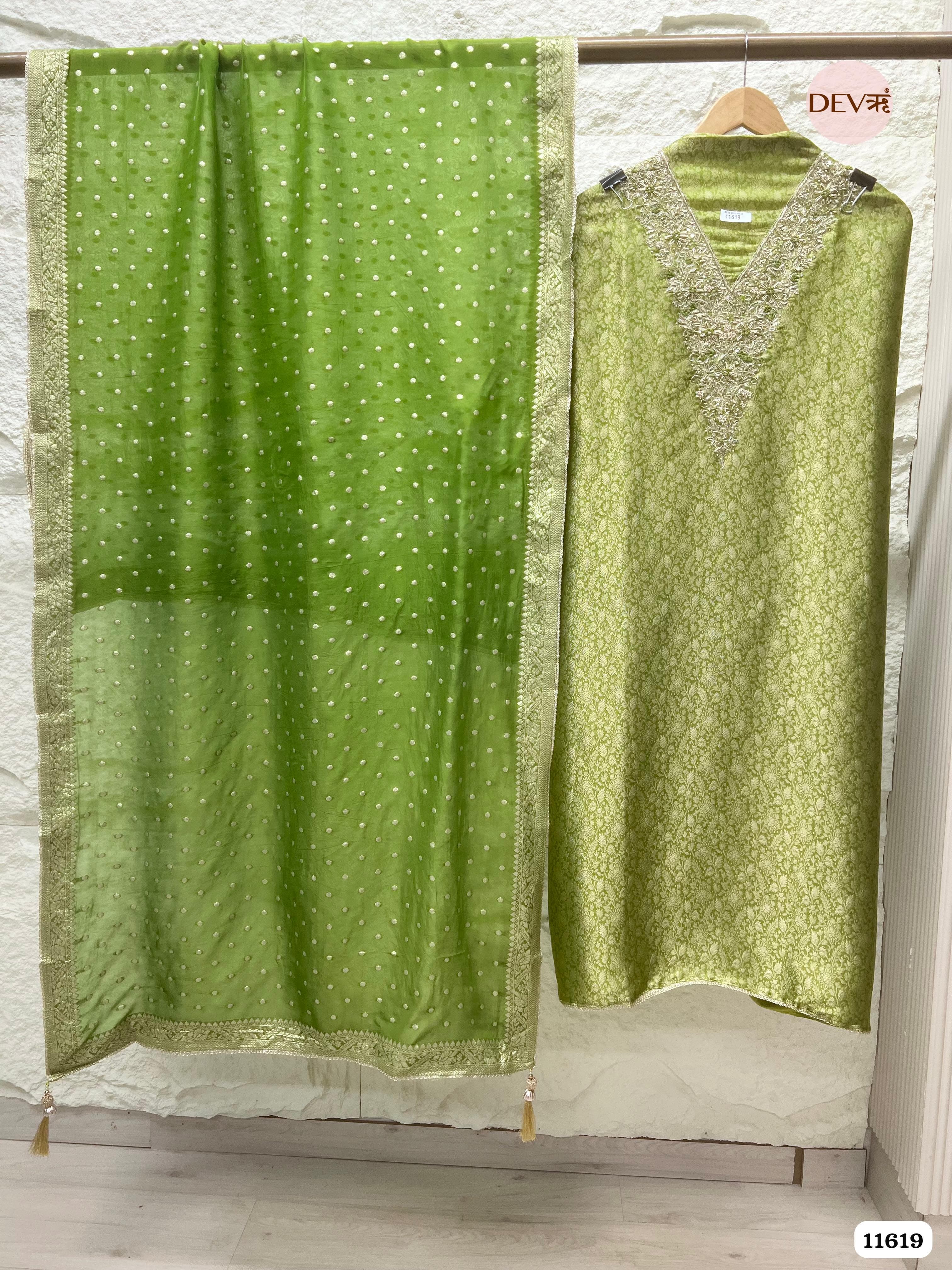 Green Pure Tissue Banarasi Silk Unstitched Hand Embroidered -Set Of 3 {11619}