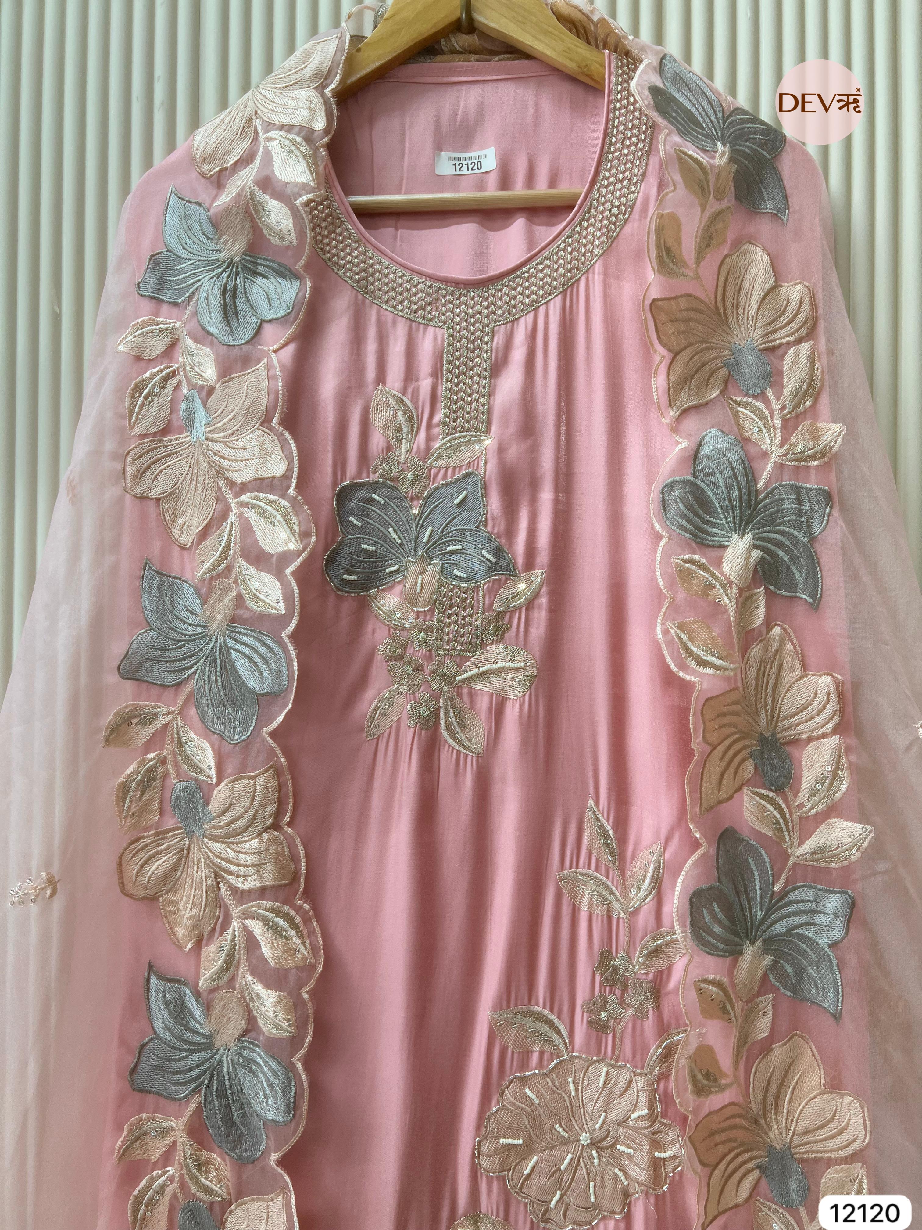 Pink Organza Silk Unstitched Hand Embroidered -Set Of 3 - {12120}