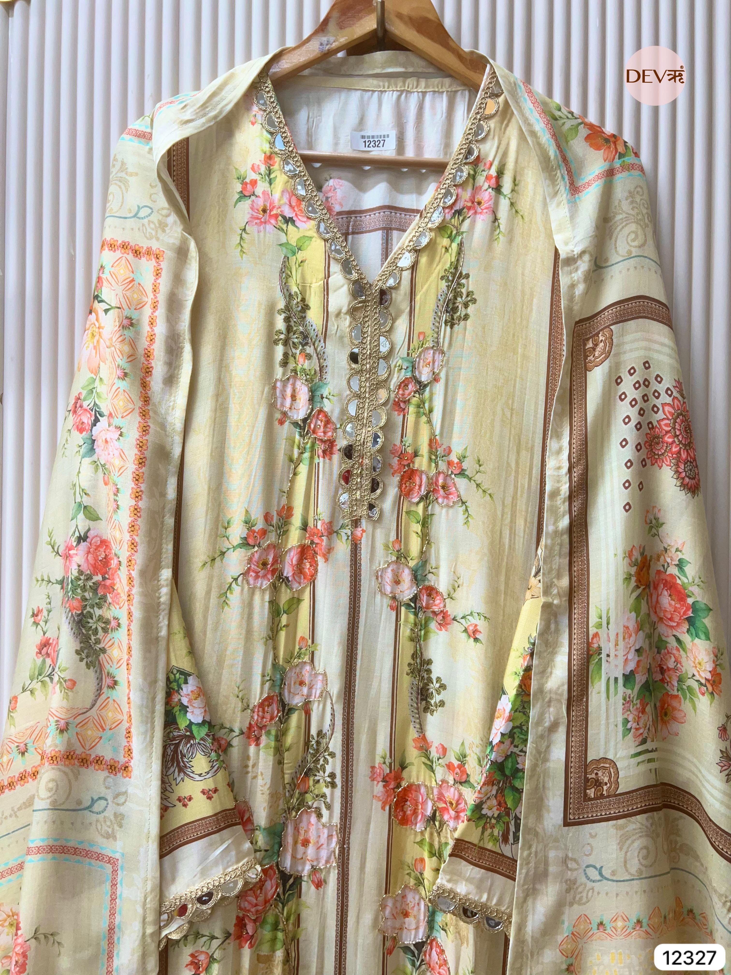 Soft Cream Muslin Printed Unstitched 3-Piece Suit (Devri – D.No 12327)