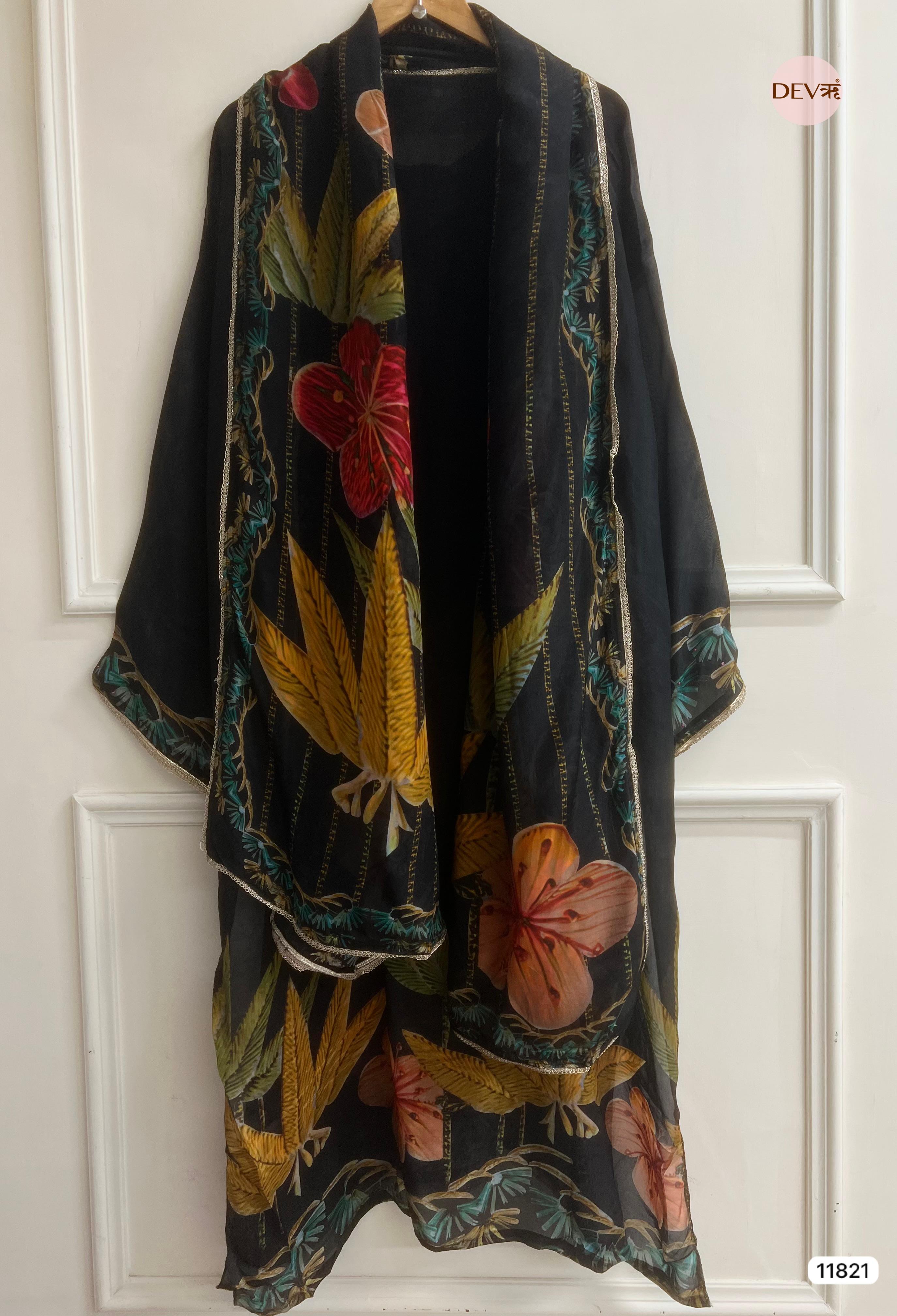 Black Organza silk Semi Stitched Printed Hand Embroidered -Set Of 3 - {11821}