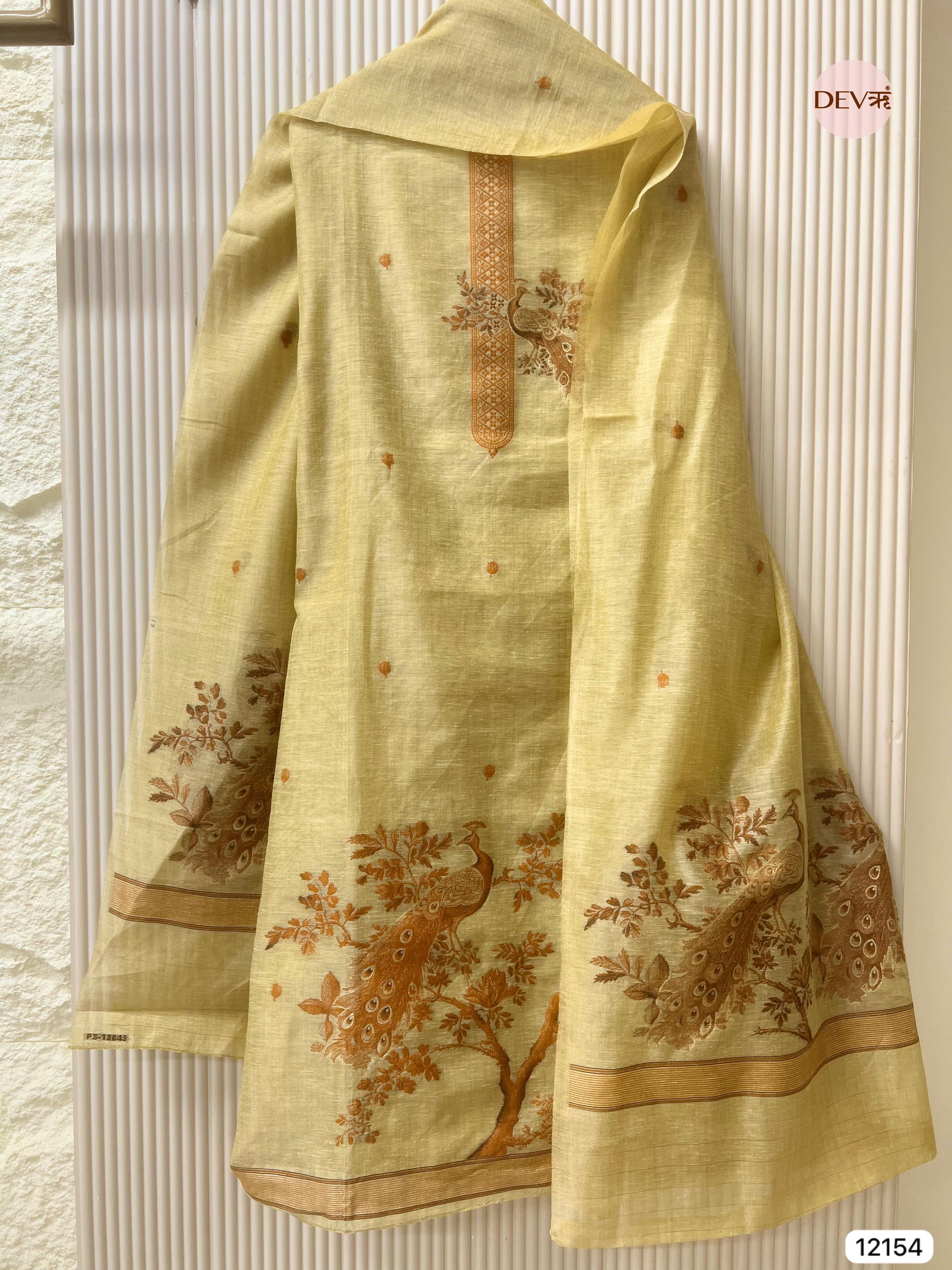{12154} Yellow Jamdani Linen Unstitched - Set Of 3