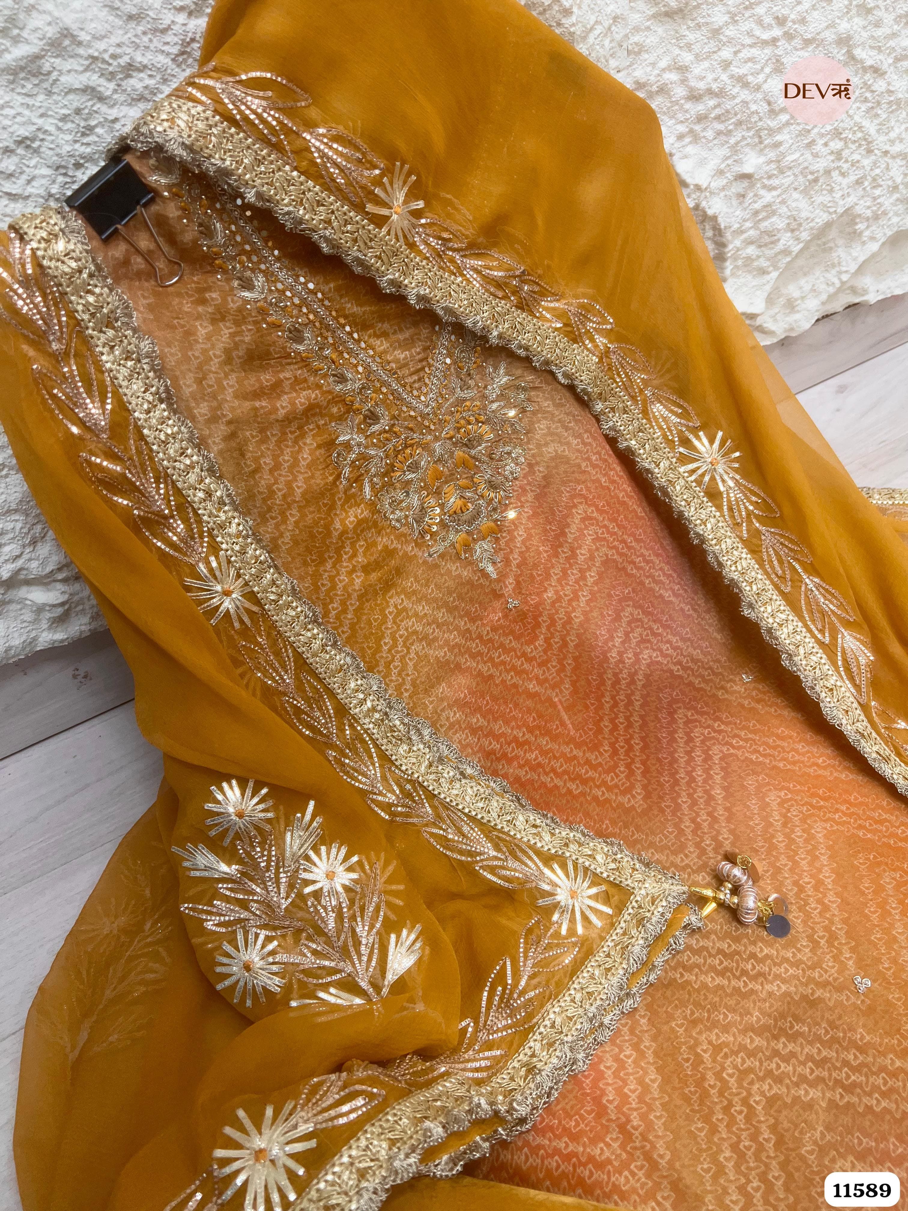 Mustard Yellow Pure Tissue Silk Printed Unstitched Hand Embroidered -Set Of 3 {11589}