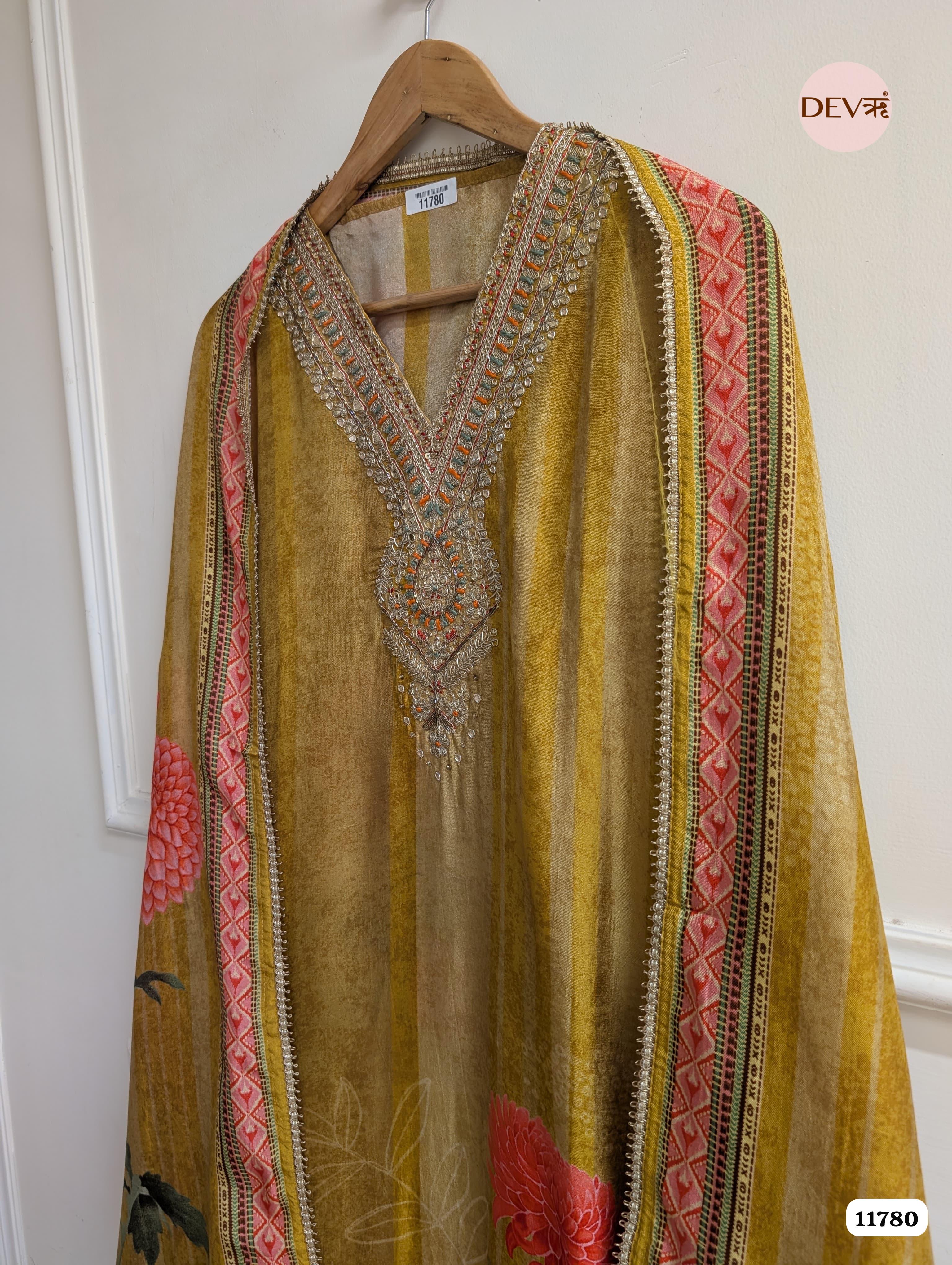 Yellow Russian Silk Printed Unstitched Hand Embroidered -Set Of 3 {11780}