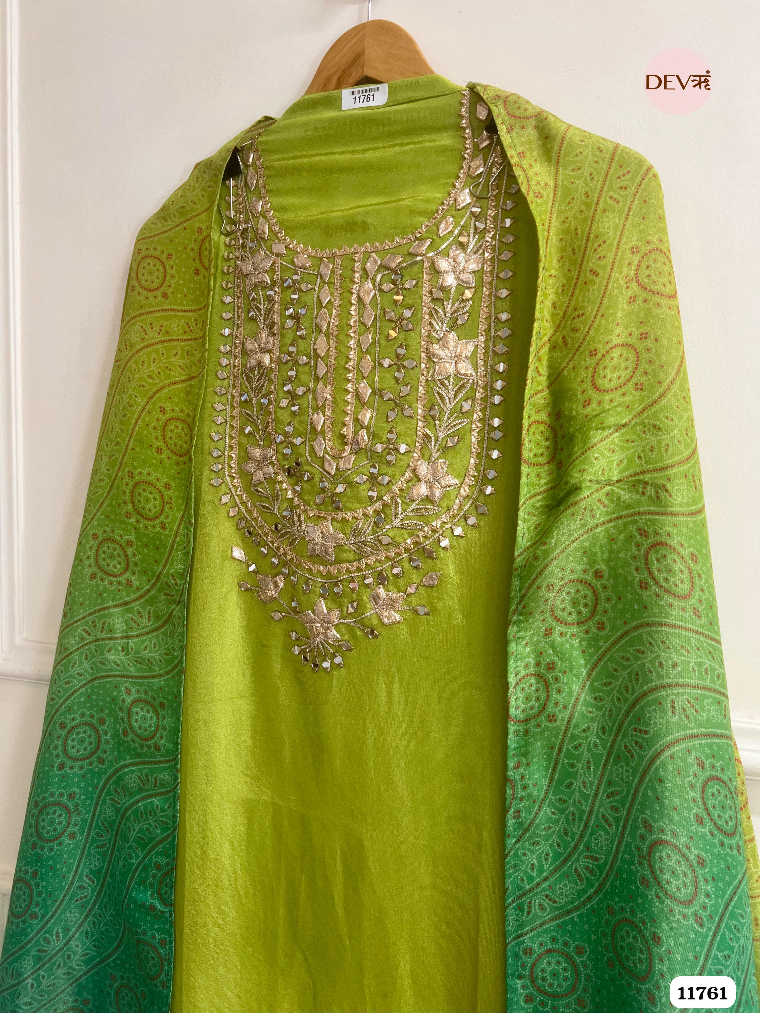 Green Tissue Silk Unstitched hand Embroidered -Set Of 3