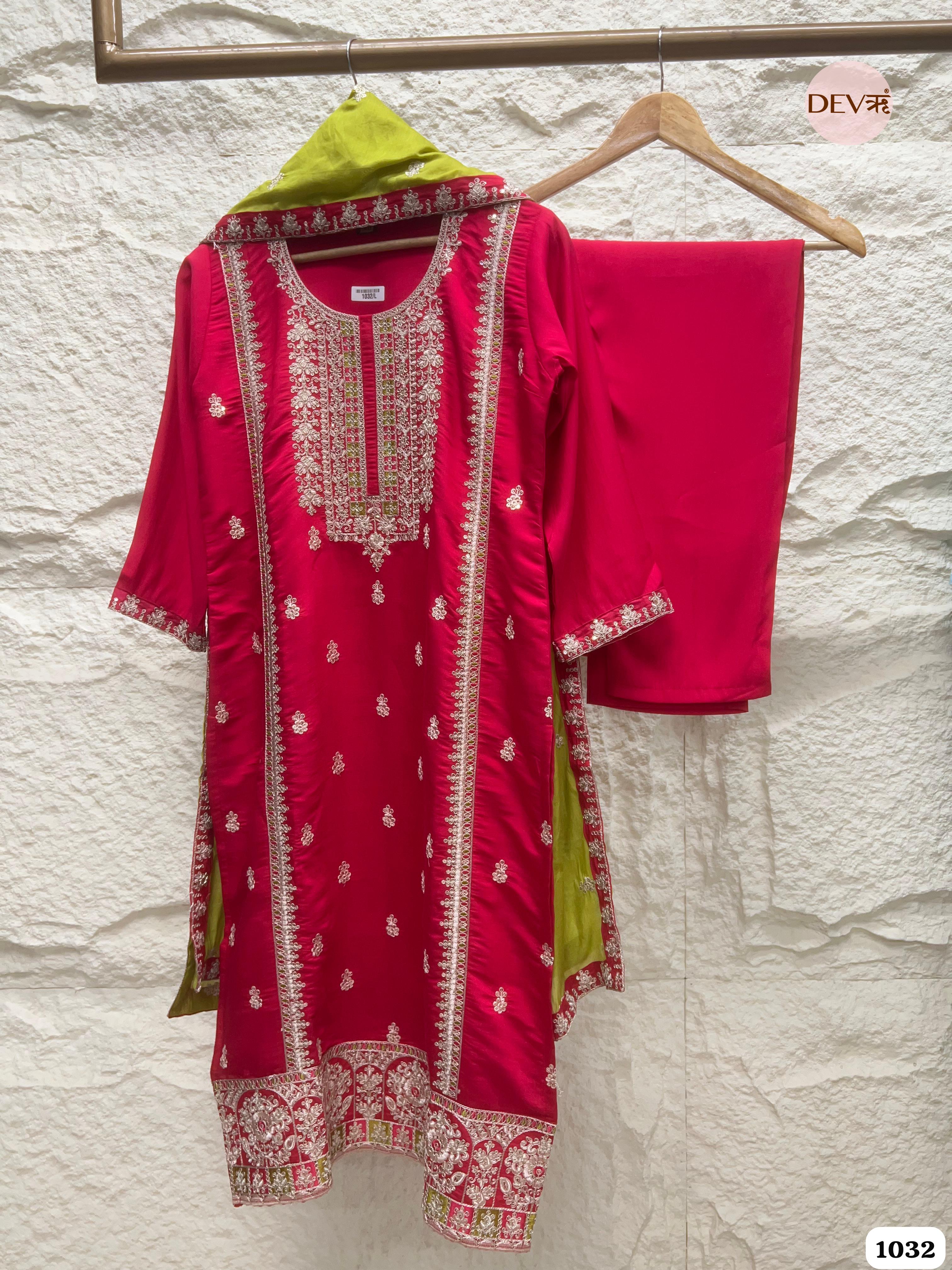 Red Silk Stiched Embroidered -Set Of 3 {1032}