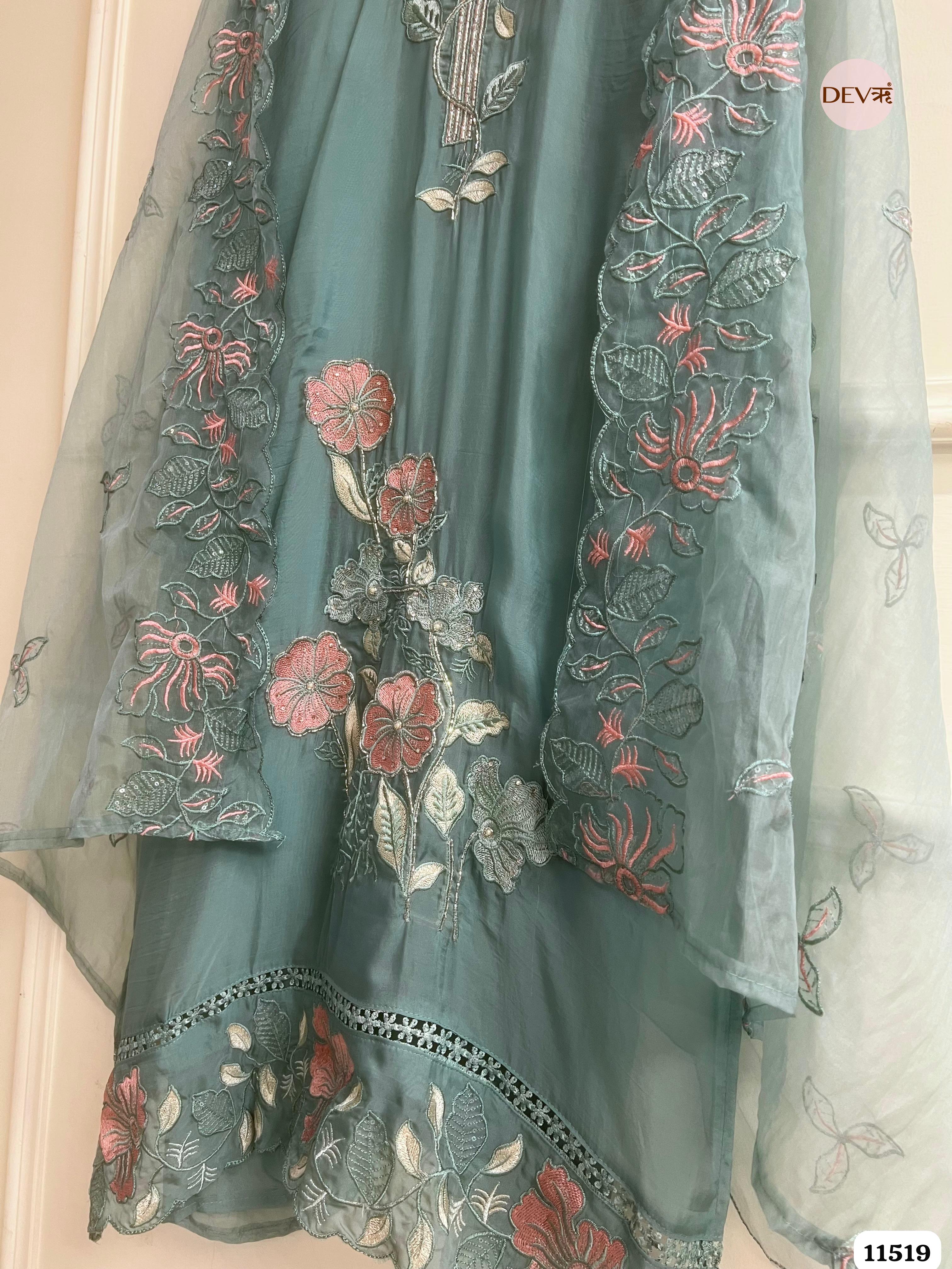 Seafoam Green Organza Unstitched Embroidered -Set Of 3