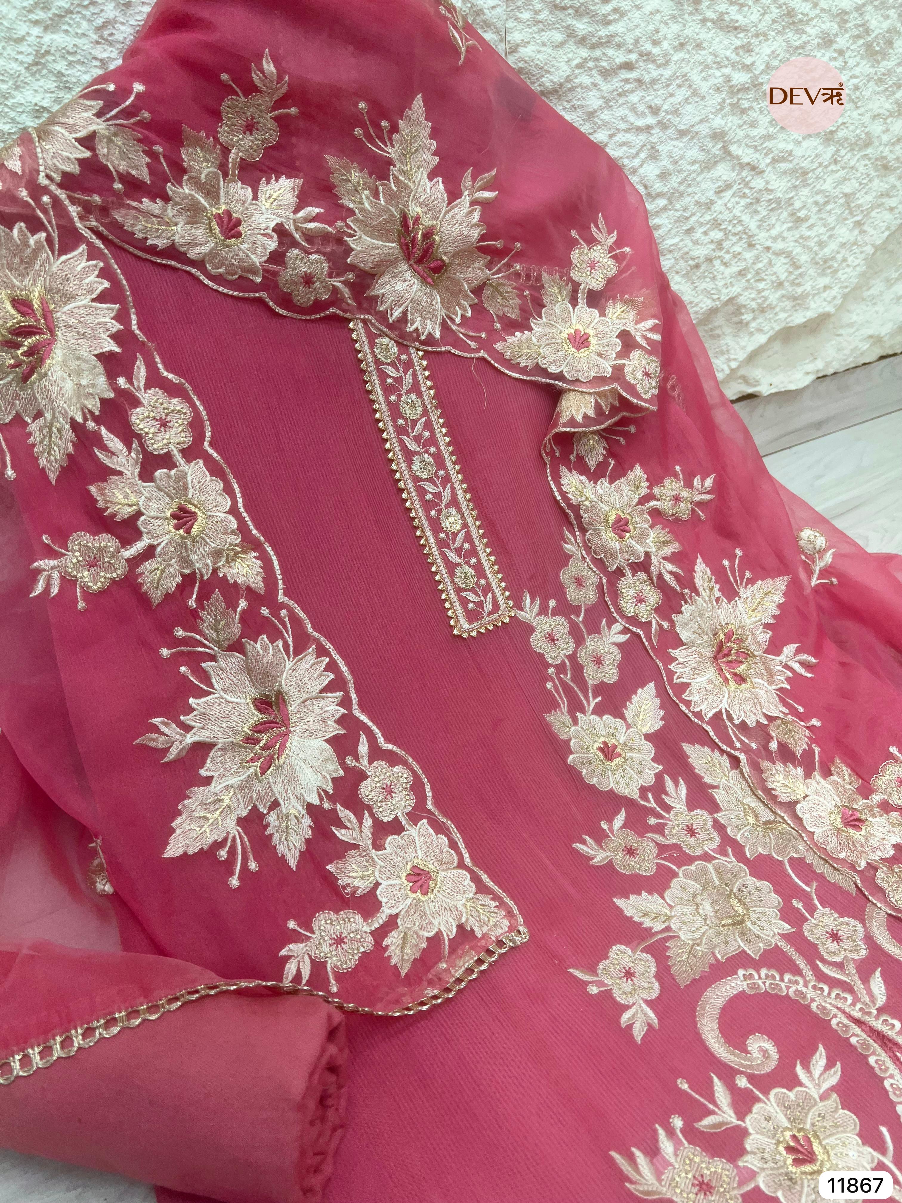 Pink Tissue Silk Unstitched Embroidered -Set Of 3- {11867}