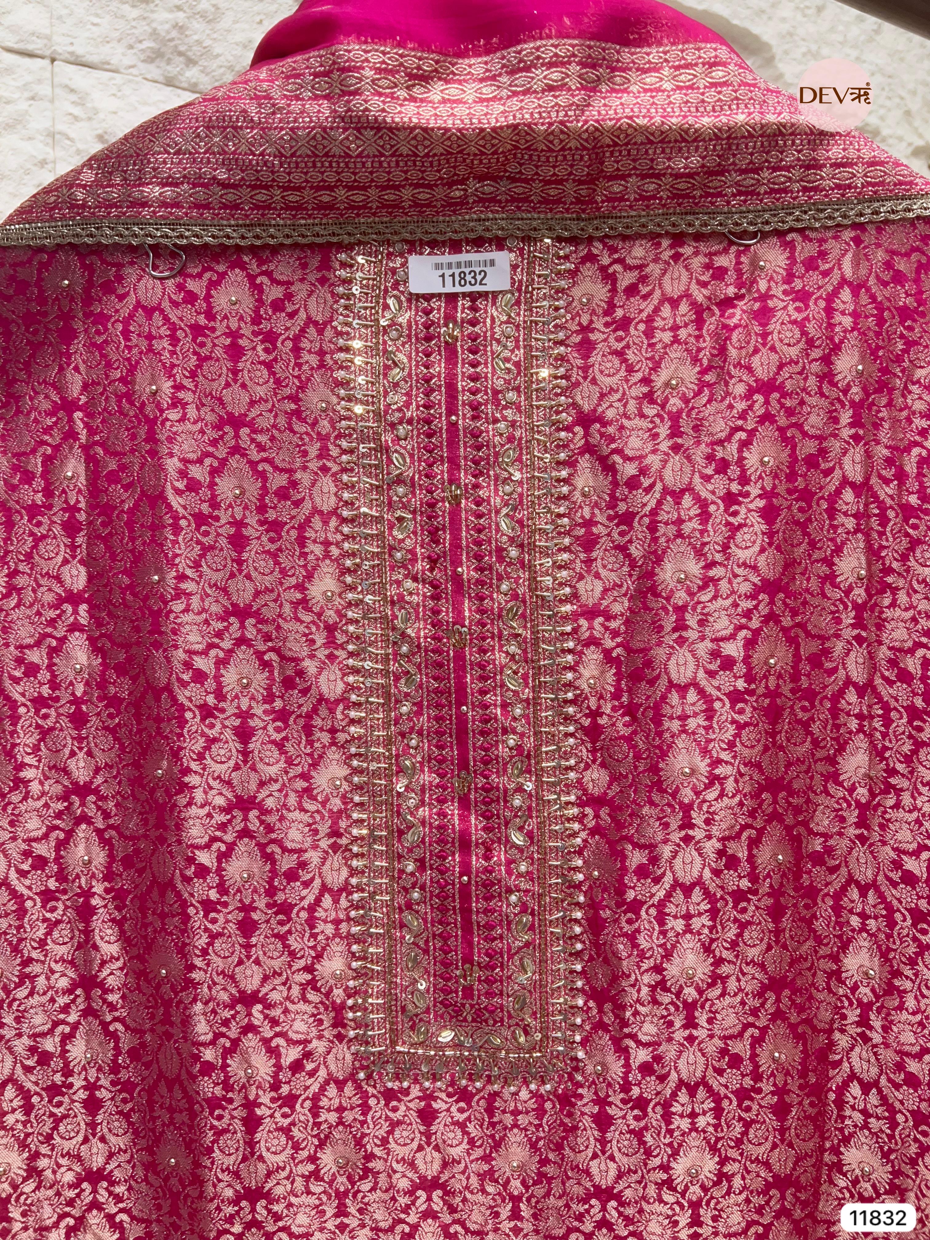 Pink Pure Shimmer Tissue Banarasi Woven Silk Unstitched Hand Embroidered -Set Of 3- {11832}