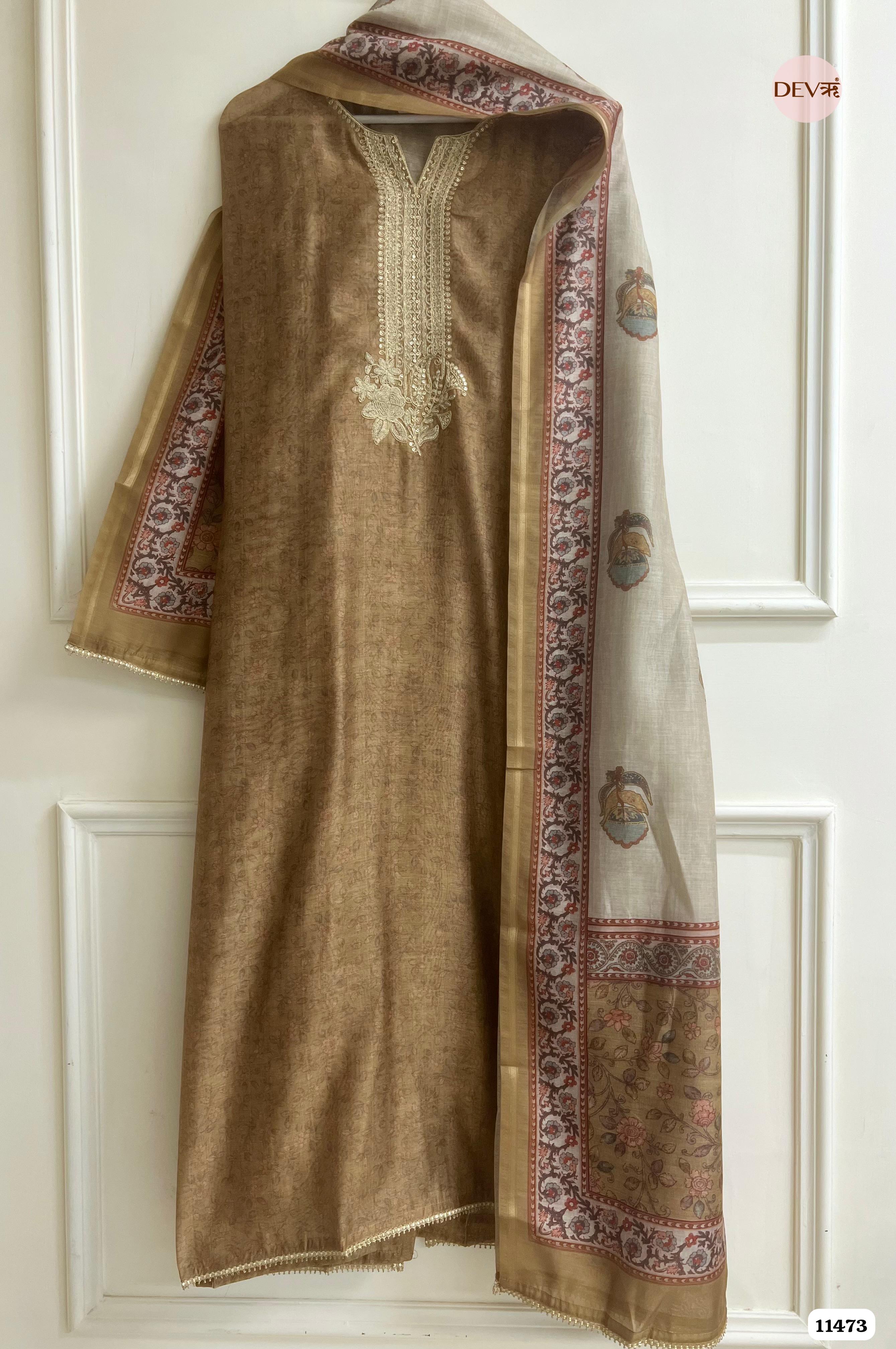 Brown Pure Chanderi Silk Unstitched Printed Embroidered -Set Of 3
