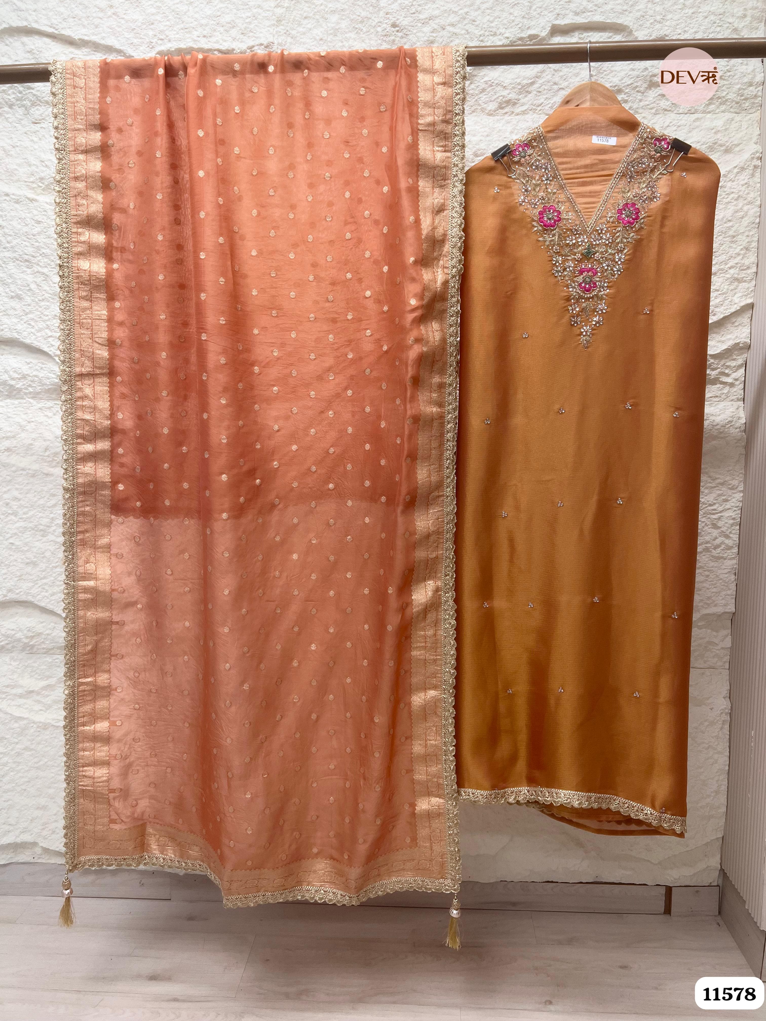 Orange Pure Tissue Silk Unstitched Hand Embroidered -Set Of 3 {11578}