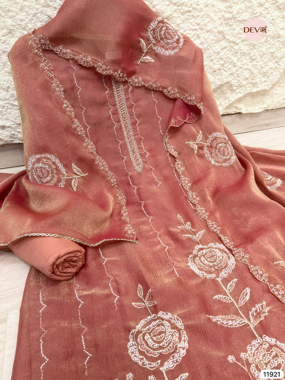 Rust Pure Tissue Crush Unstitched Hand Embroidered -Set Of 3 - {11921}