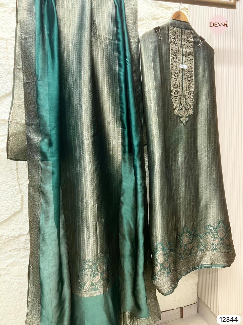 Teal Green Pure Banarasi Silk Woven Unstitched 3-Piece Suit (Devri – D.No 12344)