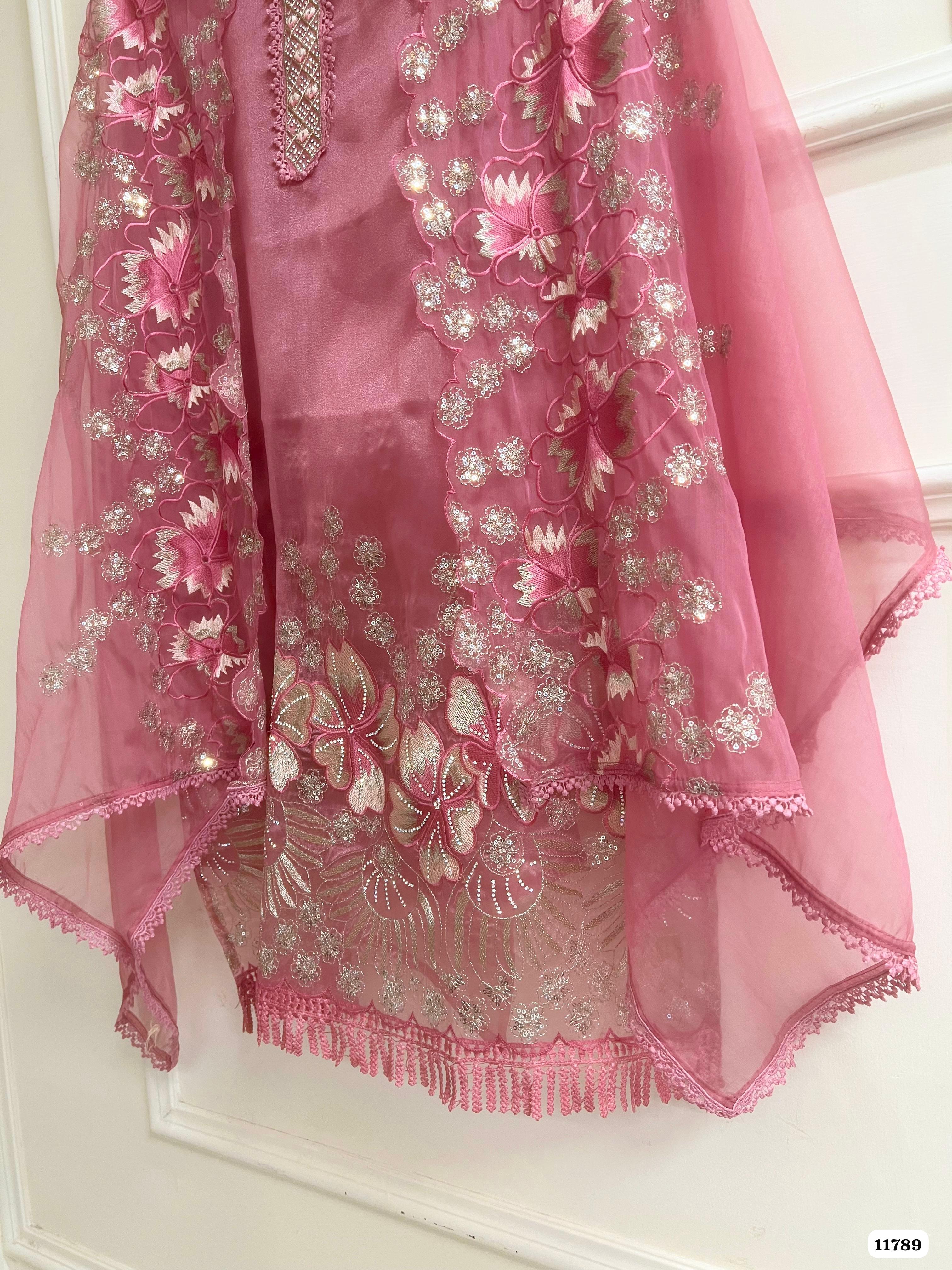 Pink Tissue Silk Unstitched Embroidered -Set Of 3 {11789}