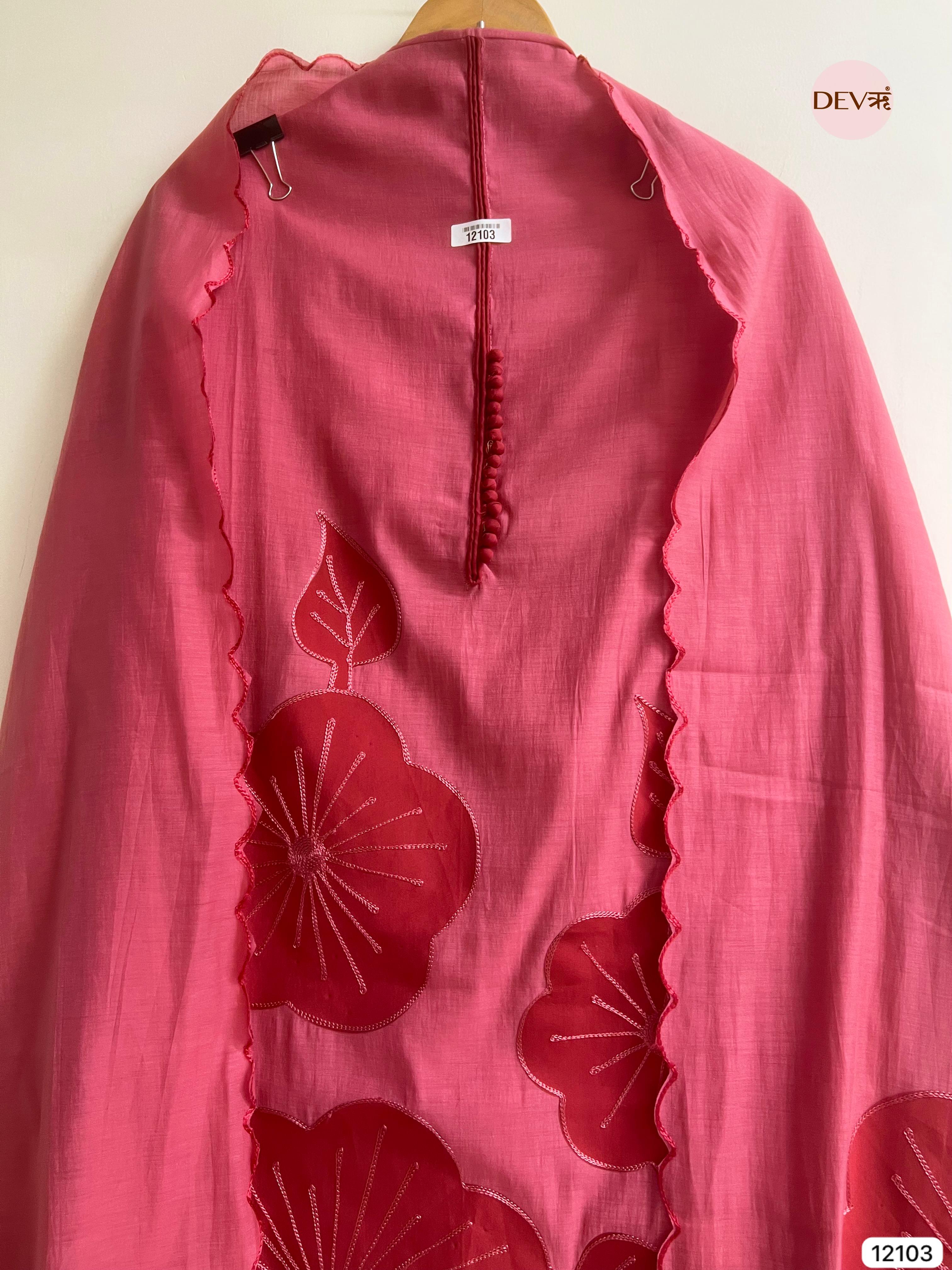 Pink Modal Silk Unstitched Applique Embroidered -Set Of 3 - {12103}