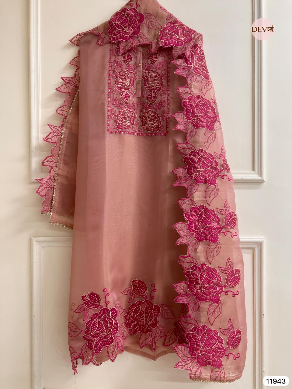 Pink Pure Tissue Shimmer Silk Unstitched Embroidered -Set Of 3 - {11943}
