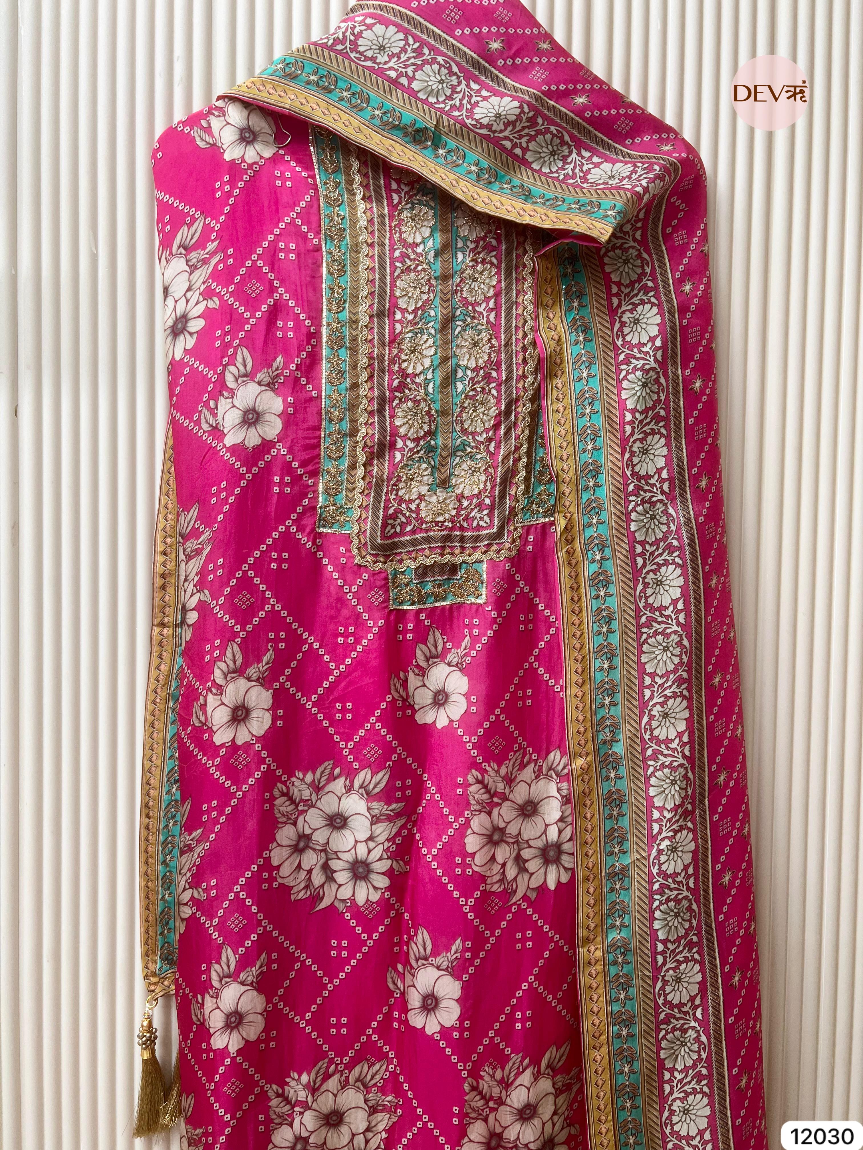 Pink Pure Glass Silk Unstitched Printed Zardosi Highlight Embroidered -Set Of 3 - {12030}