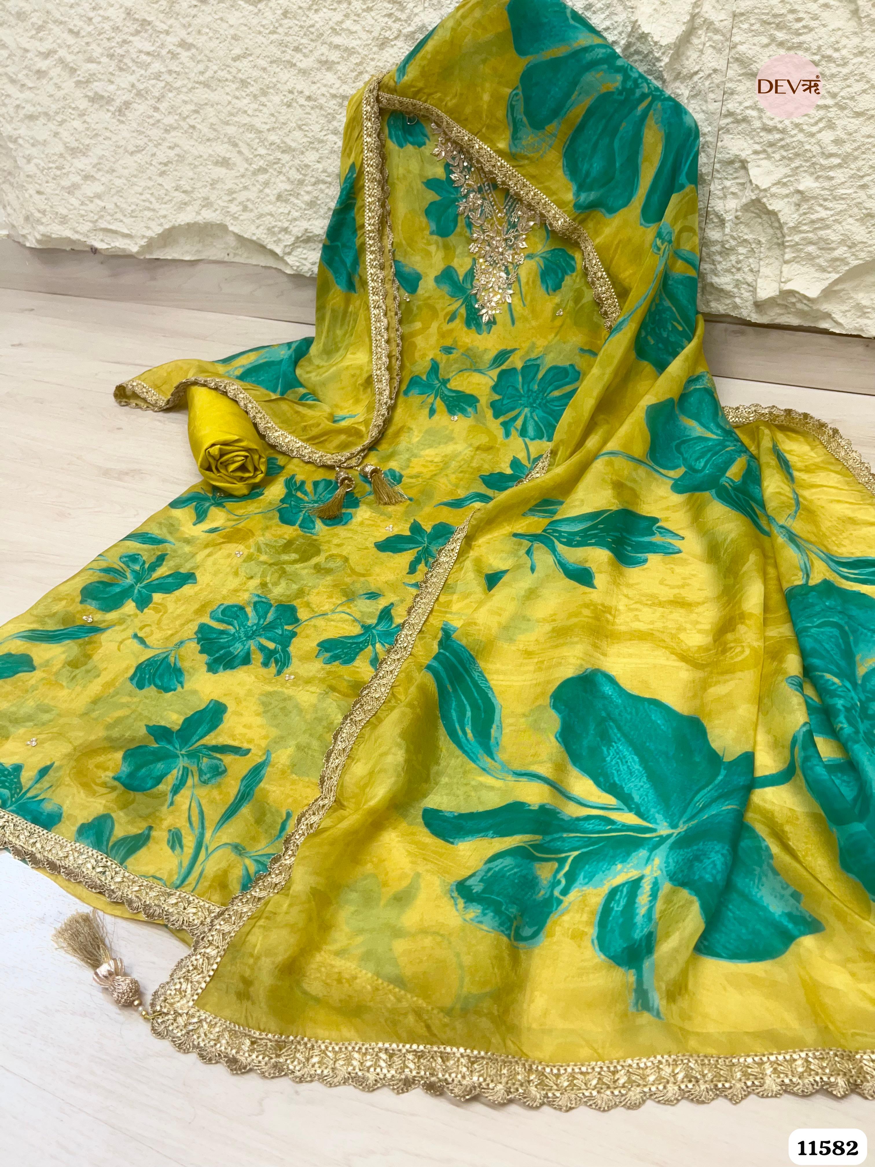 Yellow Pure Organza Silk Printed Unstitched Hand Embroidered -Set Of 3 {11582}