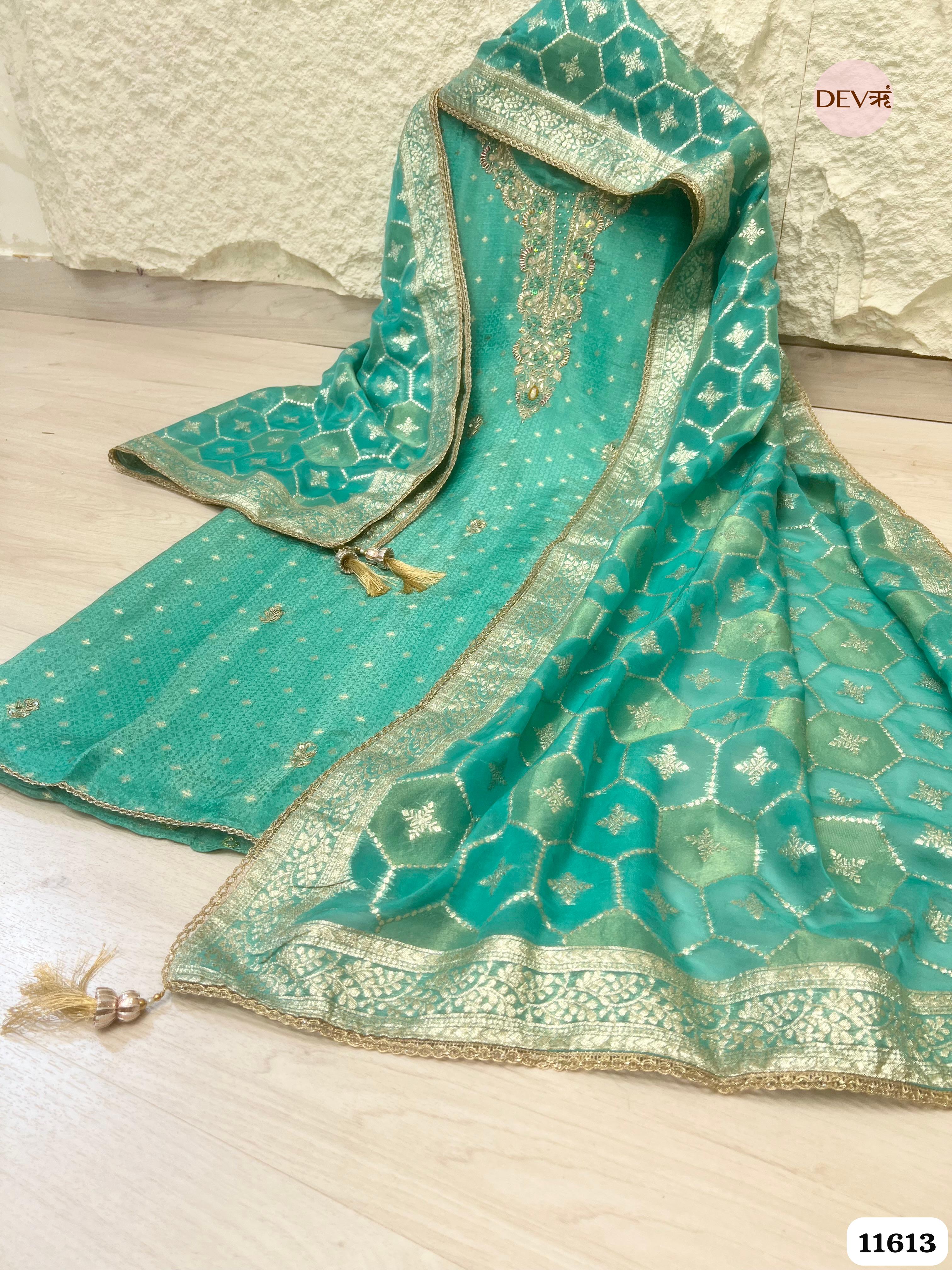 Green Pure Tissue Banarasi Silk Unstitched Hand Embroidered -Set Of 3 {11613}
