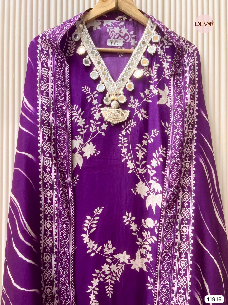 Purple Pure Russian Silk Unstitched Printed Hand Embroidered -Set Of 3 - {11916}