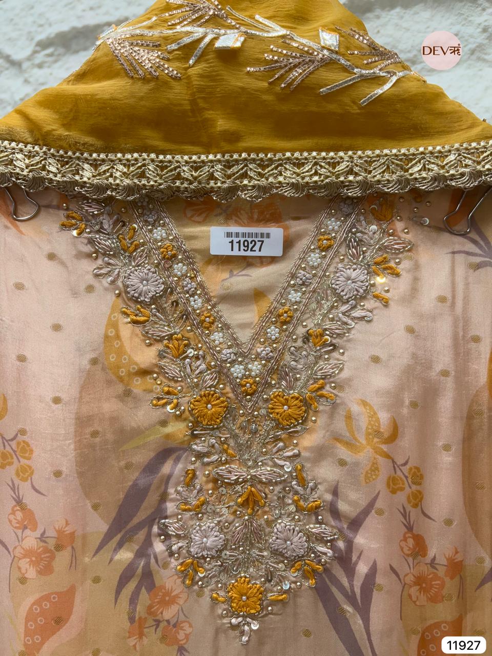 Mustard Yellow Glass Tissue Silk Unstitched Printed Hand Embroidered -Set Of 3 - {11927}