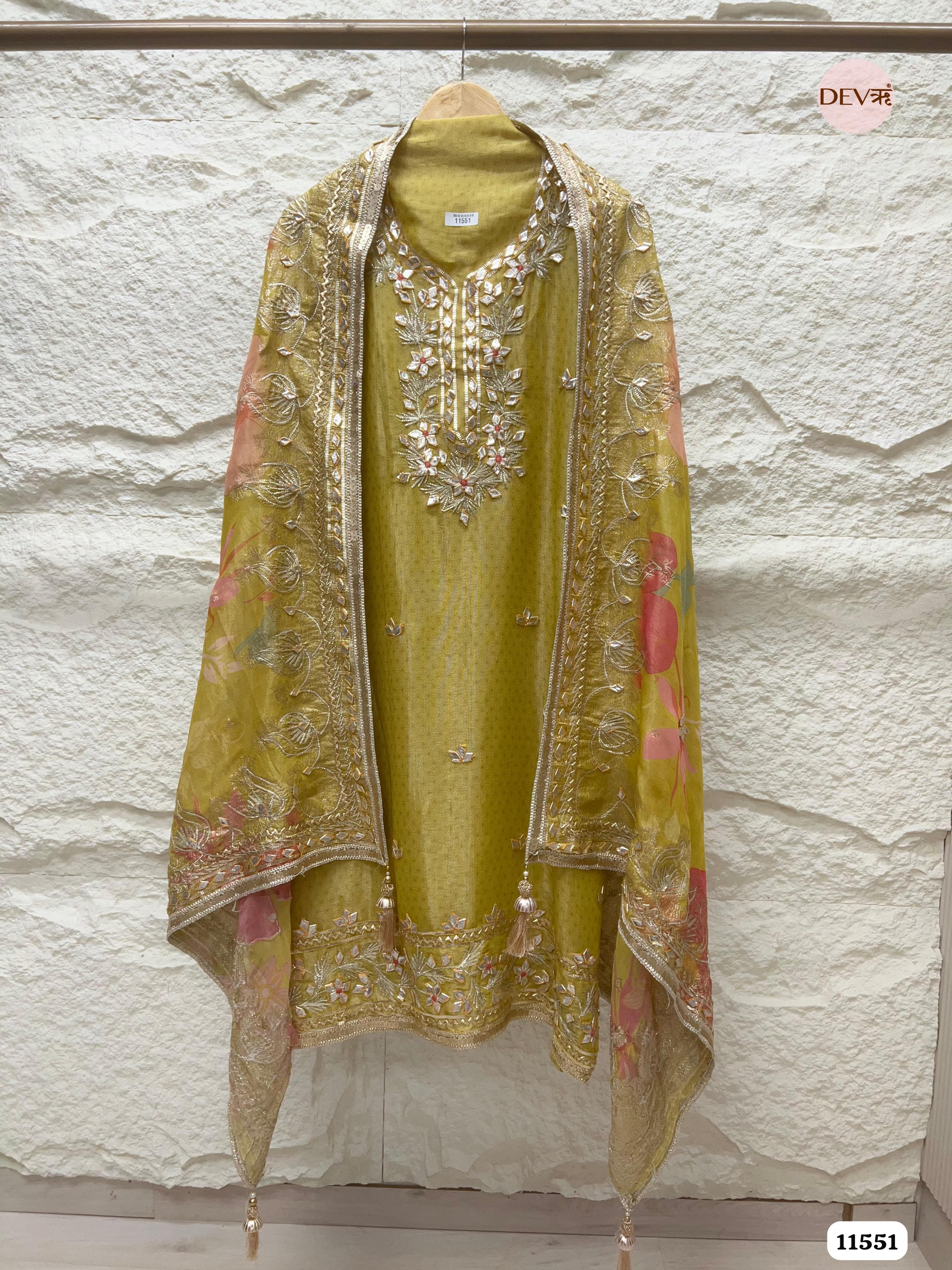 Olive Green Pure Tissue Silk Unstitched Printed Hand Gota Embroidered -Set Of 3 {11551}