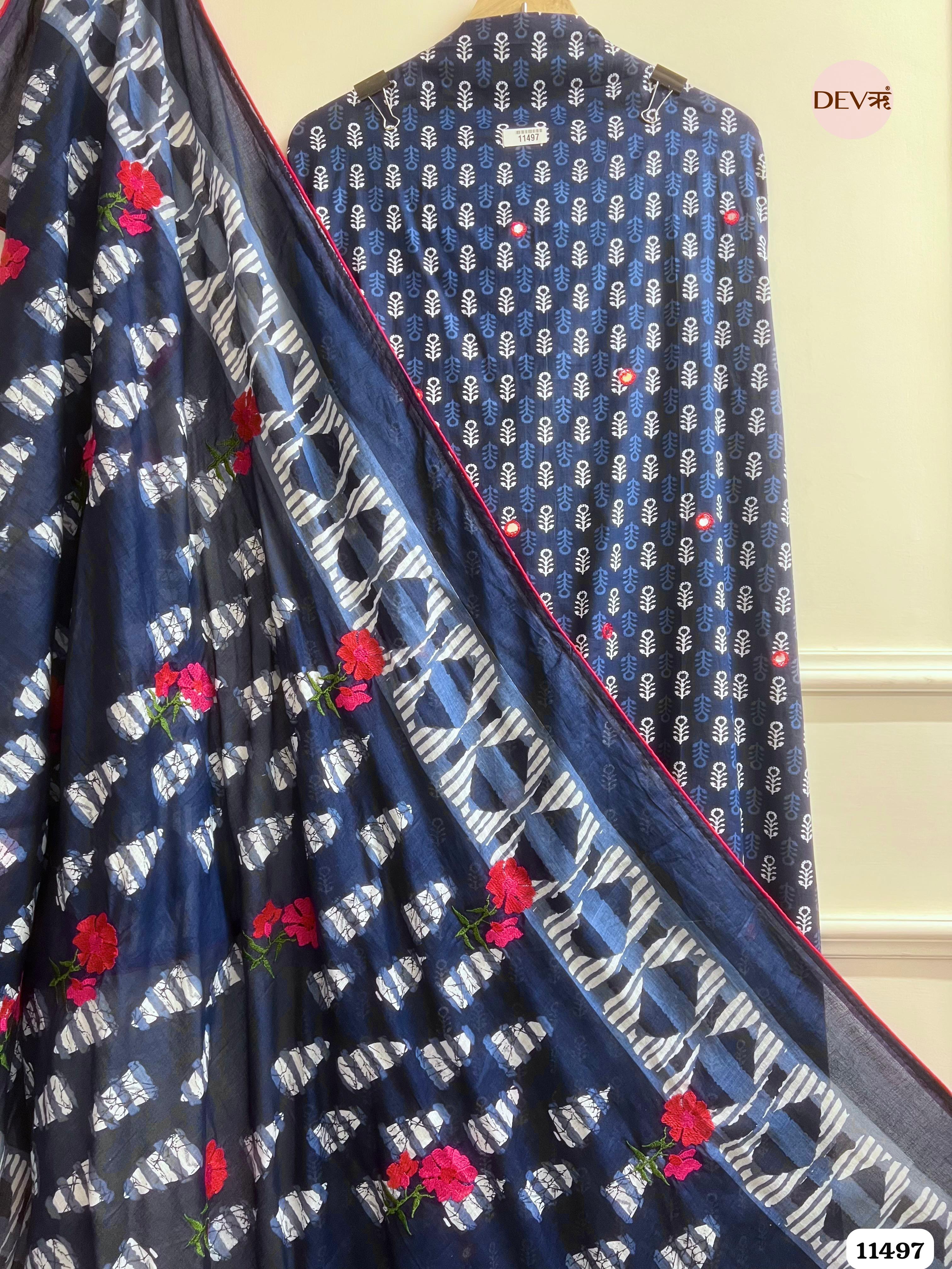 Dark Blue or Navy Blue Mul Cotton Unstitched Hand Embroidered -Set Of 3 {11497}