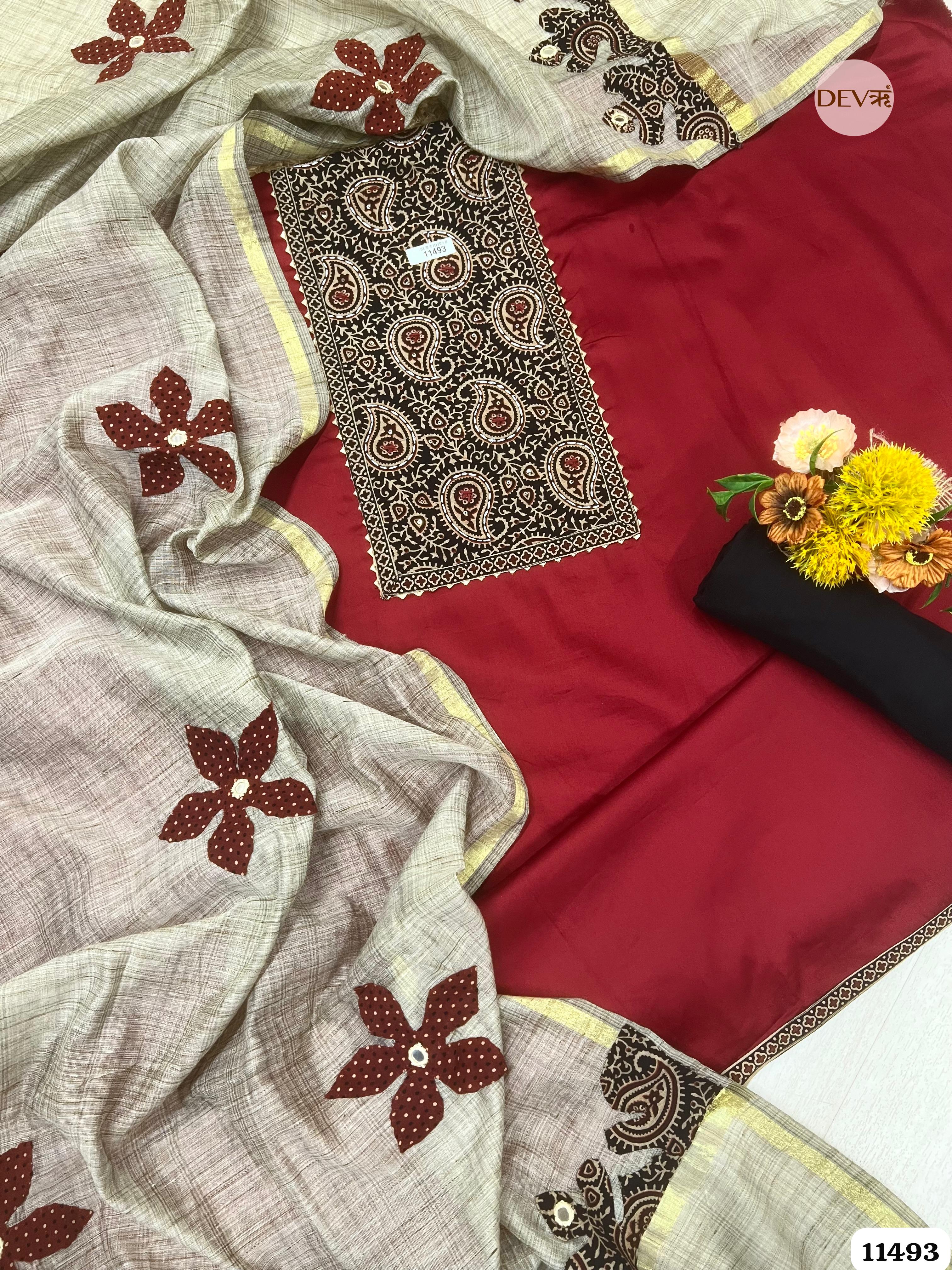 Red Cotton Jaam Unstitched Printed Hand Embroidered -Set Of 3 {11493}