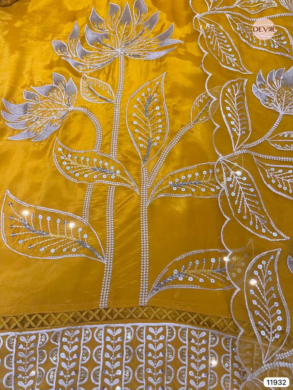 Yellow Glass Tissue Silk Unstitched Embroidered -Set Of 3 - {11932}