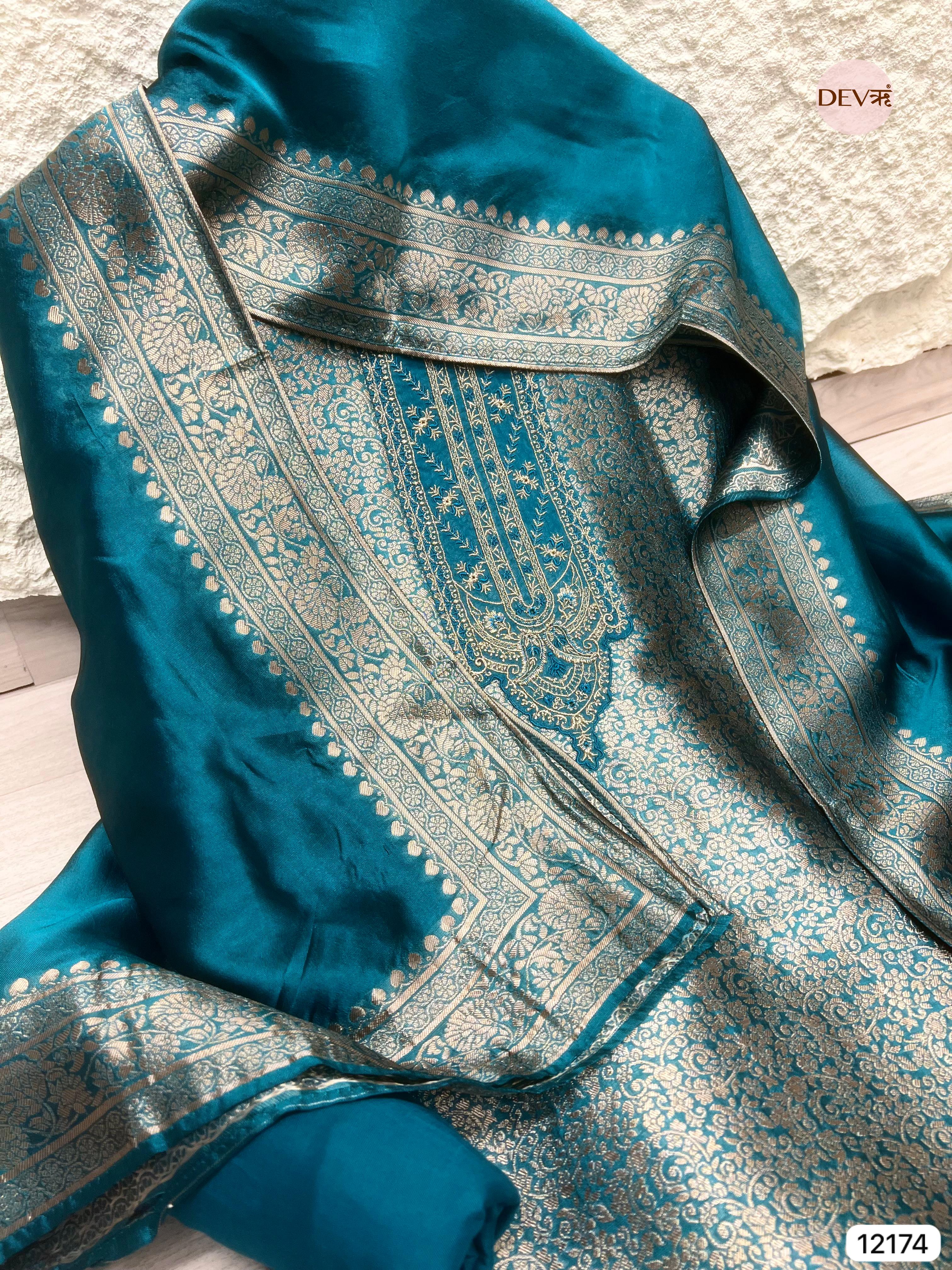 peacock Blue Pure Banarasi silk Unstitched Hand Embroidered -Set Of 3 - {12174}