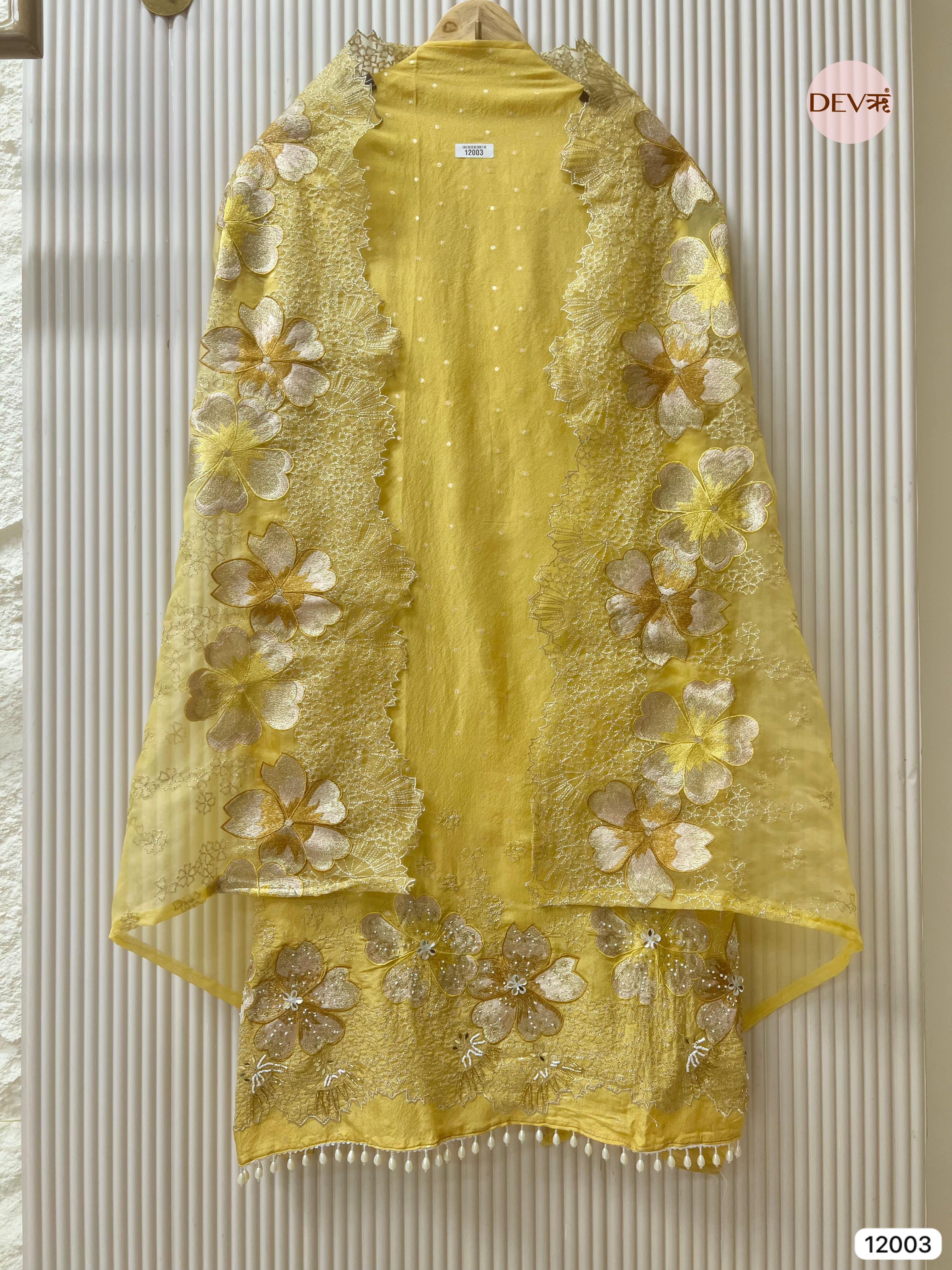 Yellow Tissue Shimmer Silk Unstitched Embroidered -Set Of 3- {12003}
