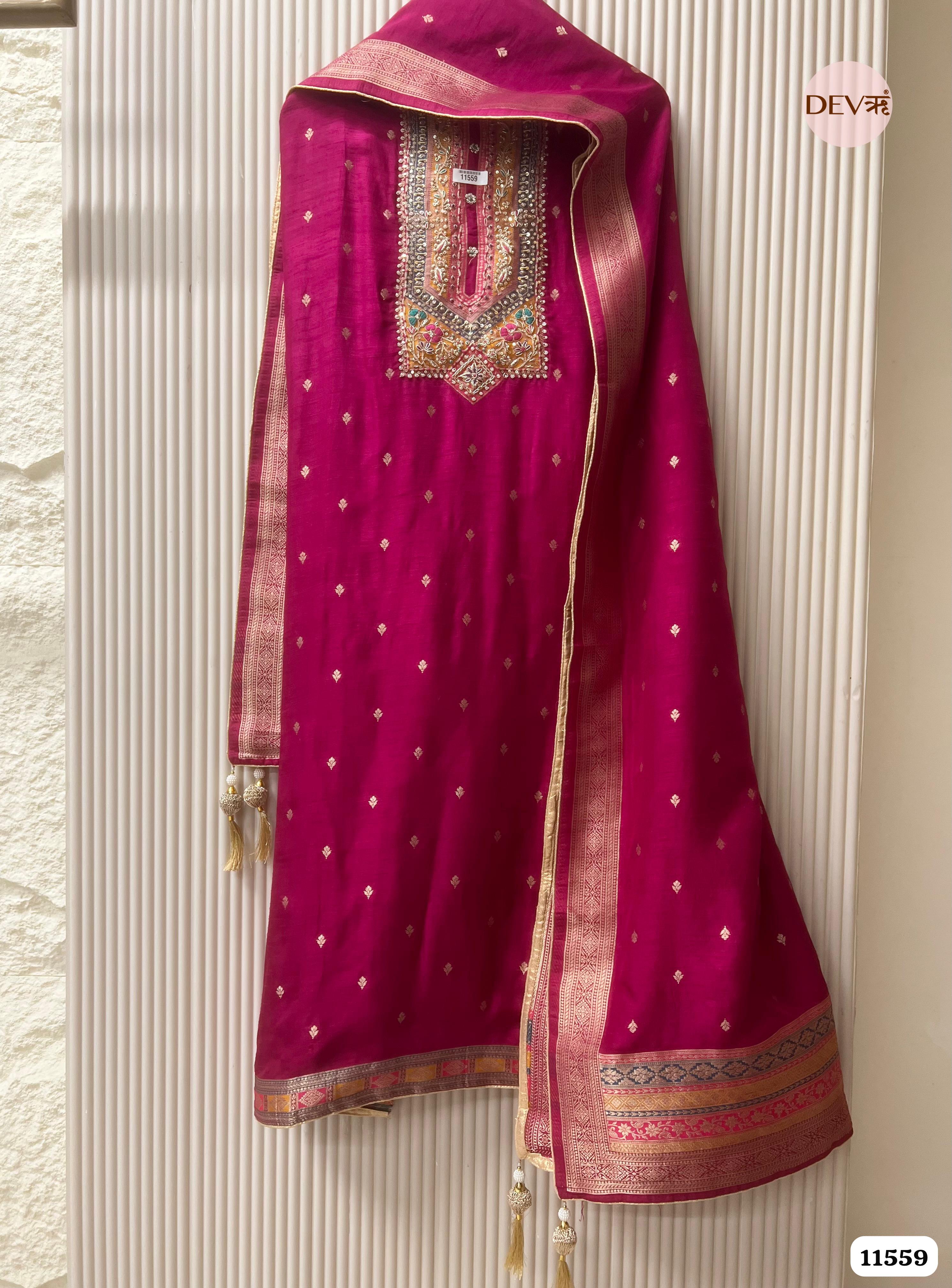Red Dola silk Banarasi Weave Unstitched Hand Embroidered -Set Of 3