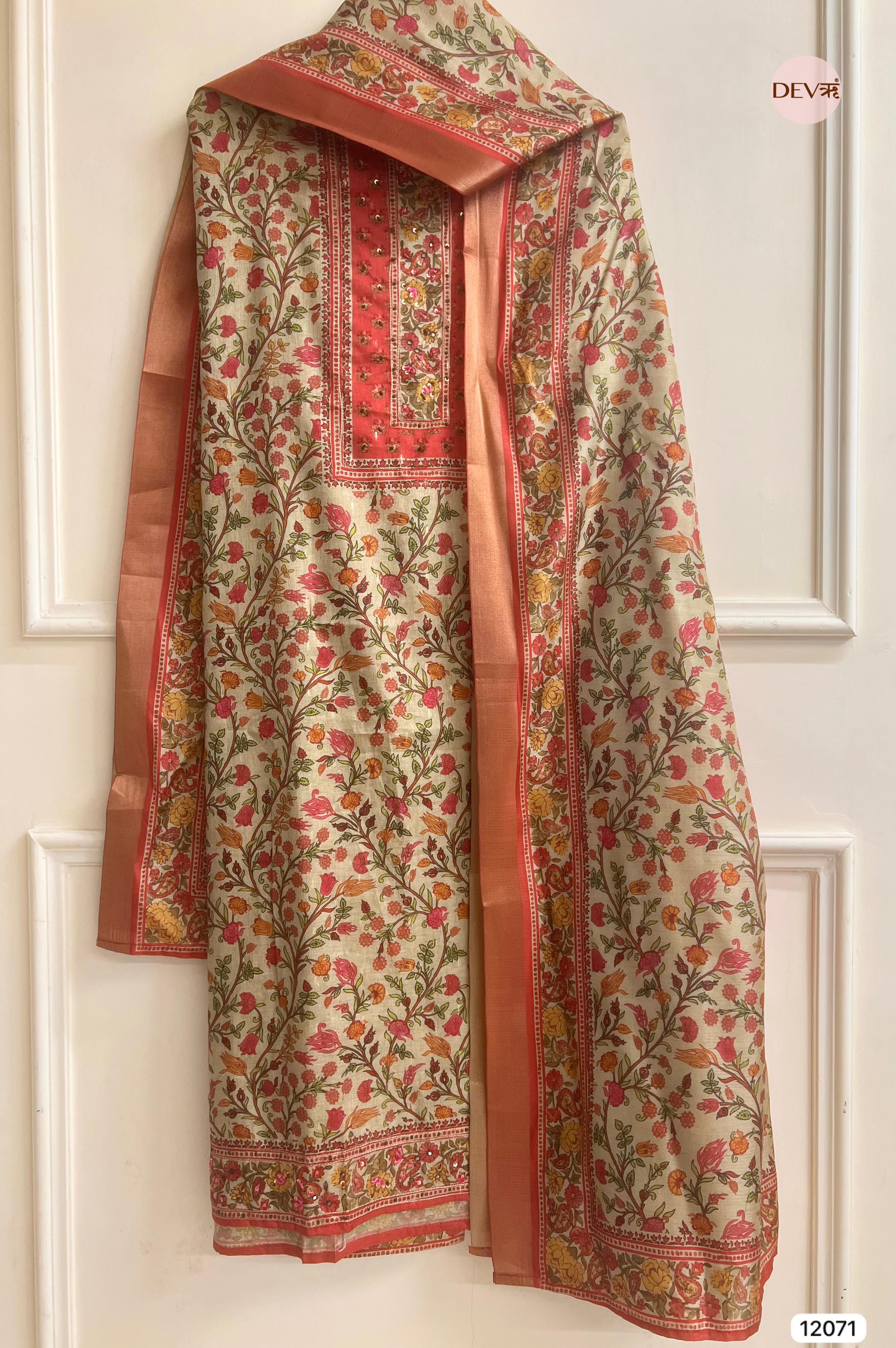 Multi Colour Tissue Khadi Silk Printed Unstitched Hand Embroidered -Set Of 3 - {12071}