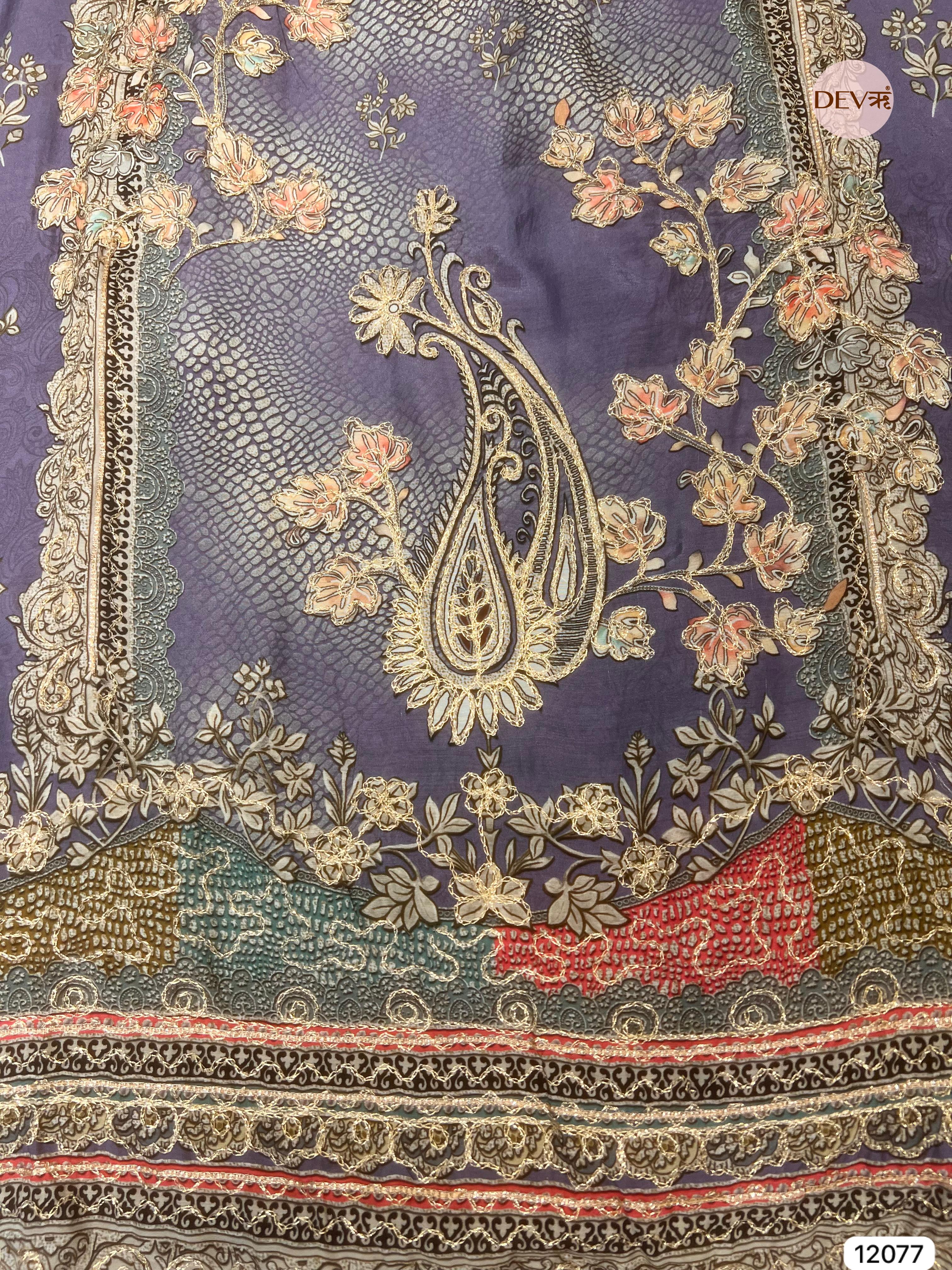 Purple Pure Muslin Unstitched Printed With Hand Zardosi Embroidery -Set Of 3 - {12077}