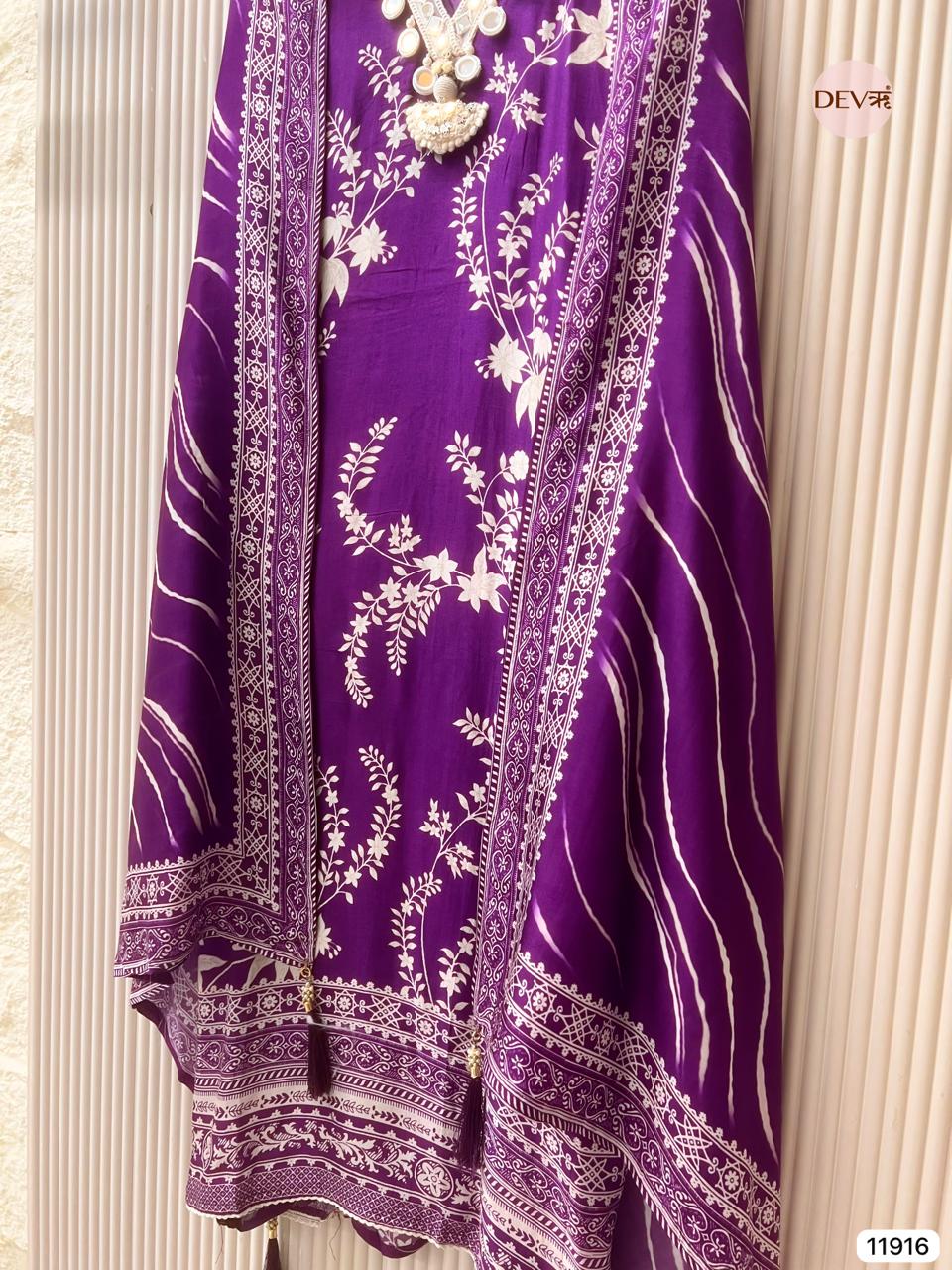 Purple Pure Russian Silk Unstitched Printed Hand Embroidered -Set Of 3 - {11916}