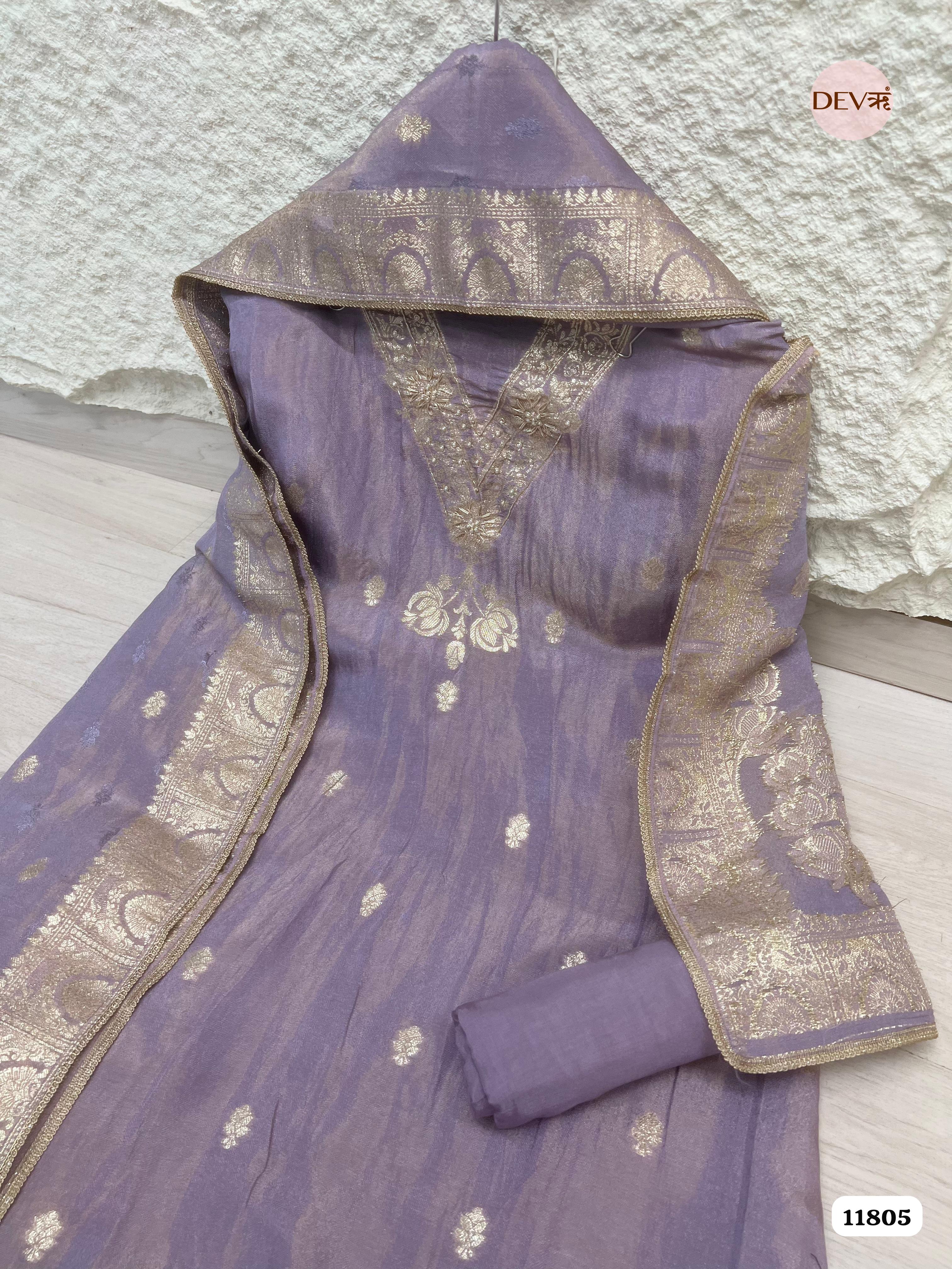 Purple Tissue Silk Unstitched Banarasi Weave Hand Embroidered -Set Of 3 {11805}
