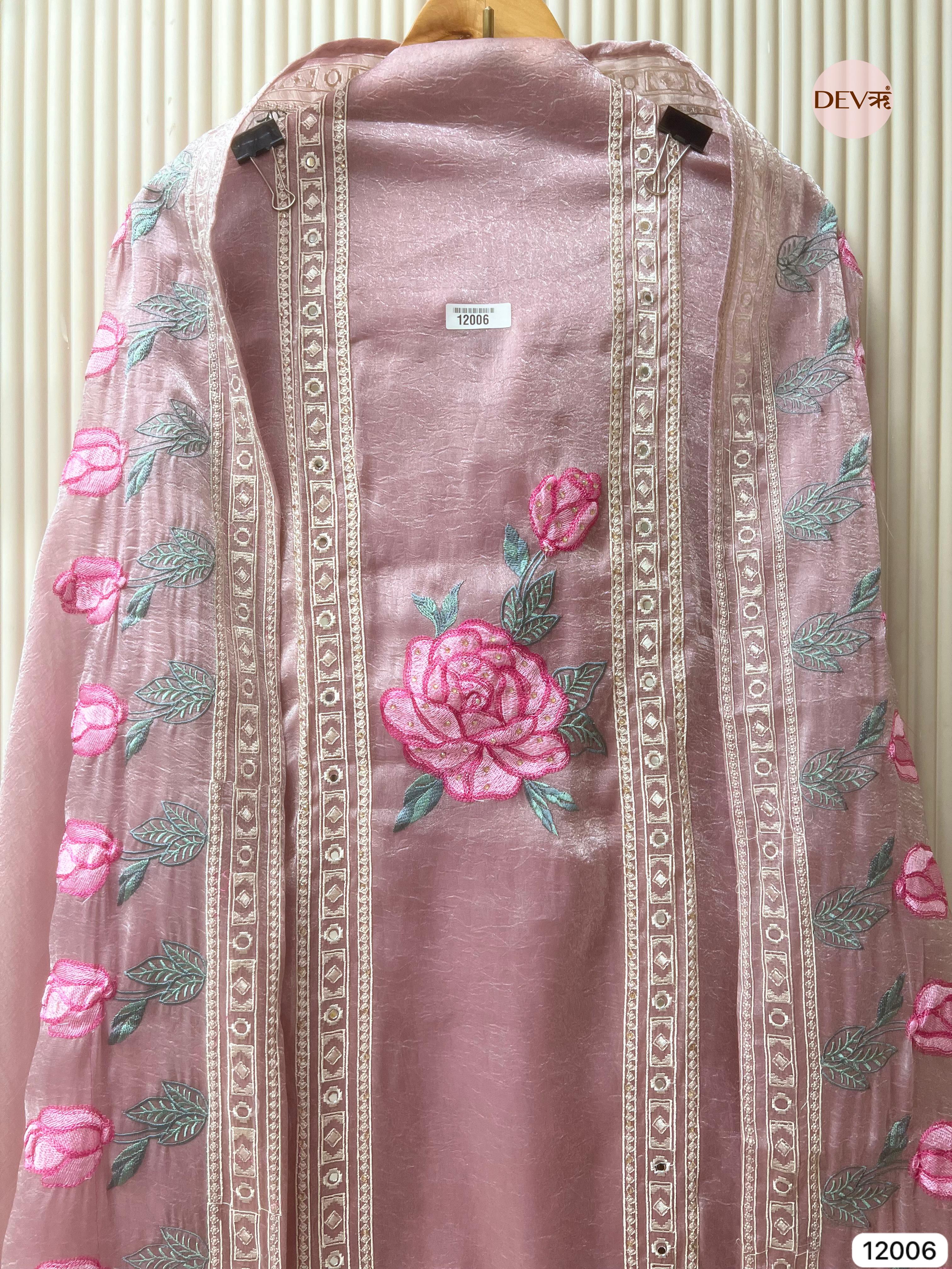 Pink Tissue Organza Silk Unstitched Embroidered -Set Of 3- {12006}