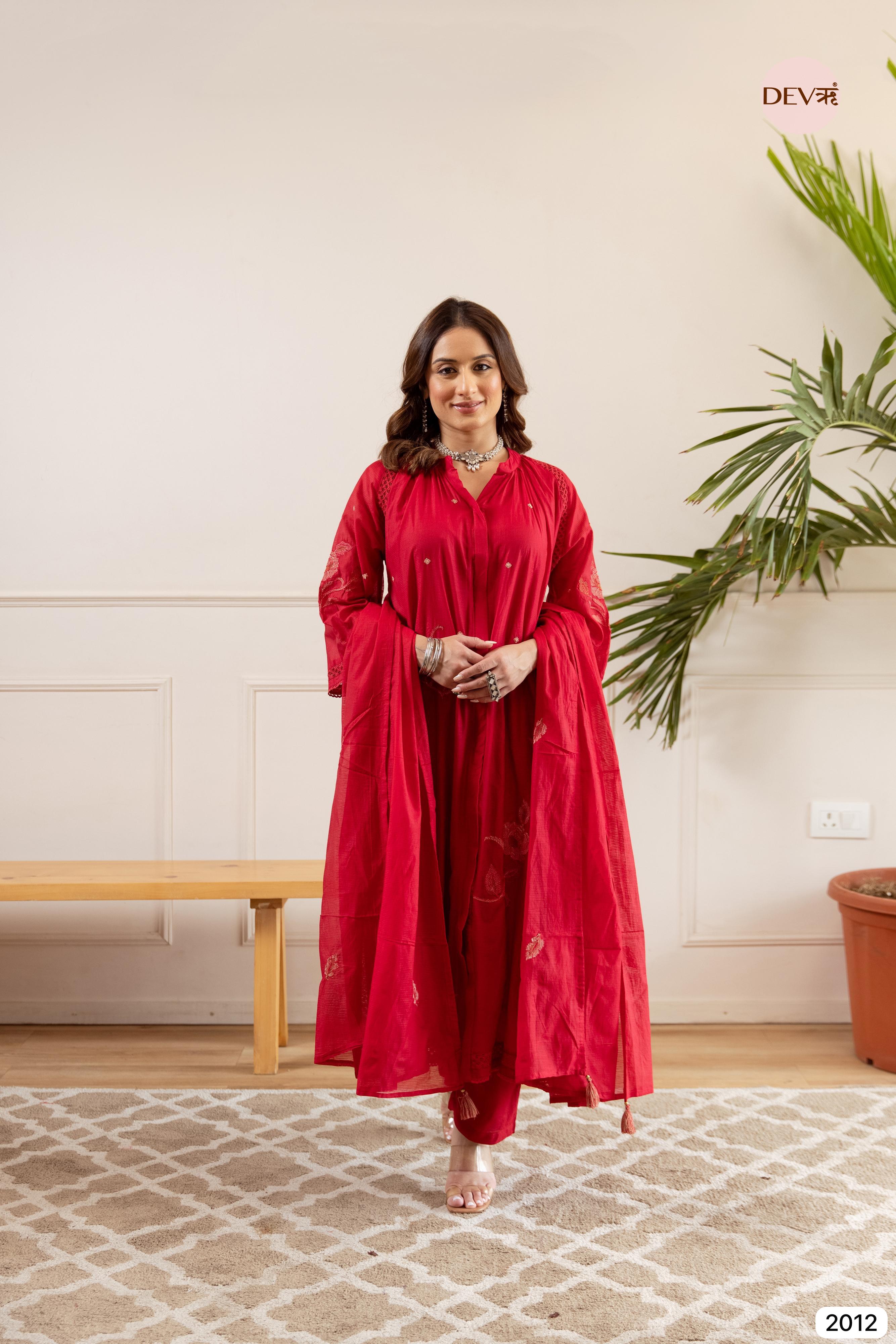 Red Crafted Airy Mul Chanderi -Set Of 3- {2012}