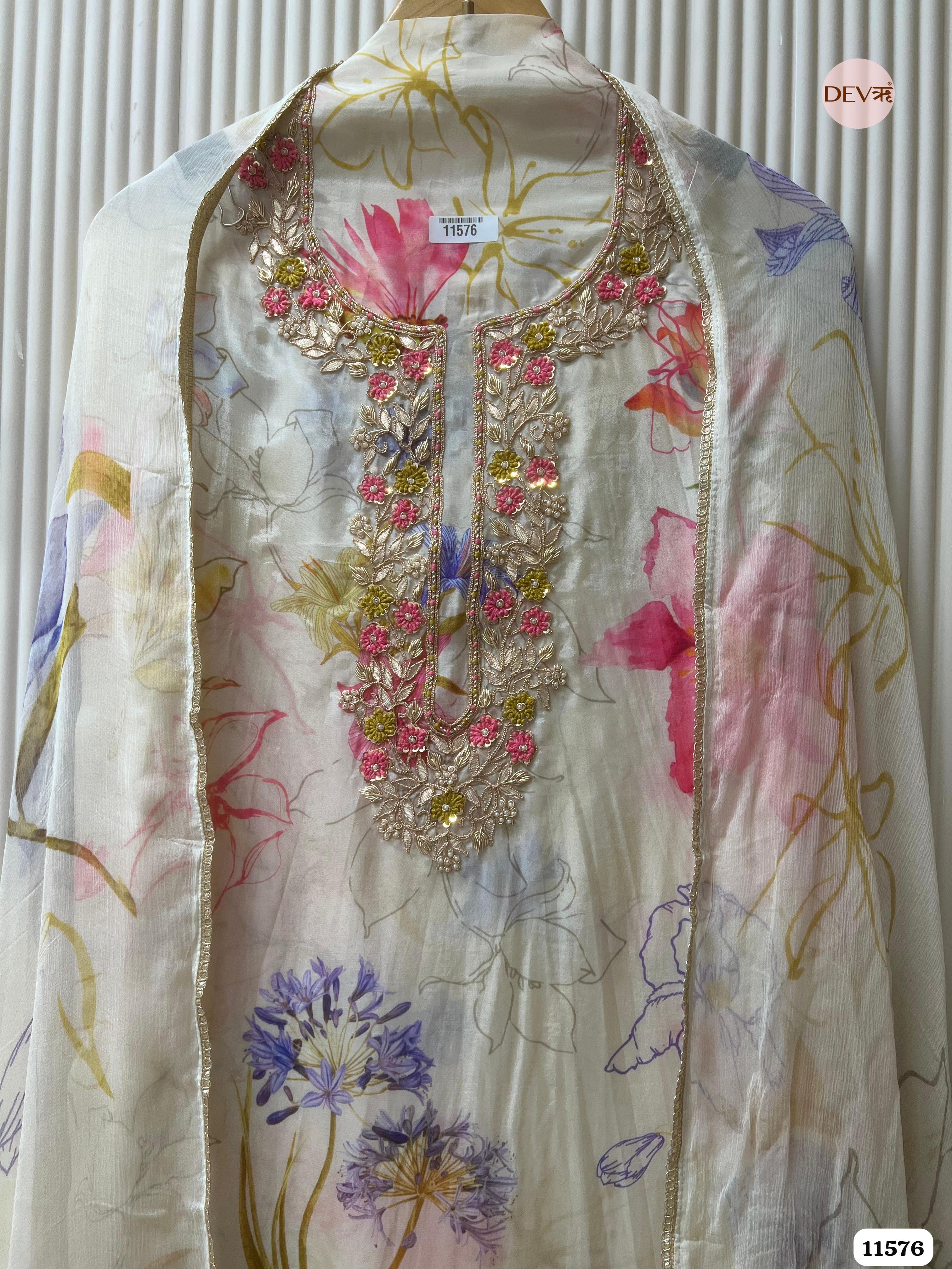 Off-White Or Cream Pure Organza Silk Unstitched Printed Hand Embroidered -Set Of 3 {11576}